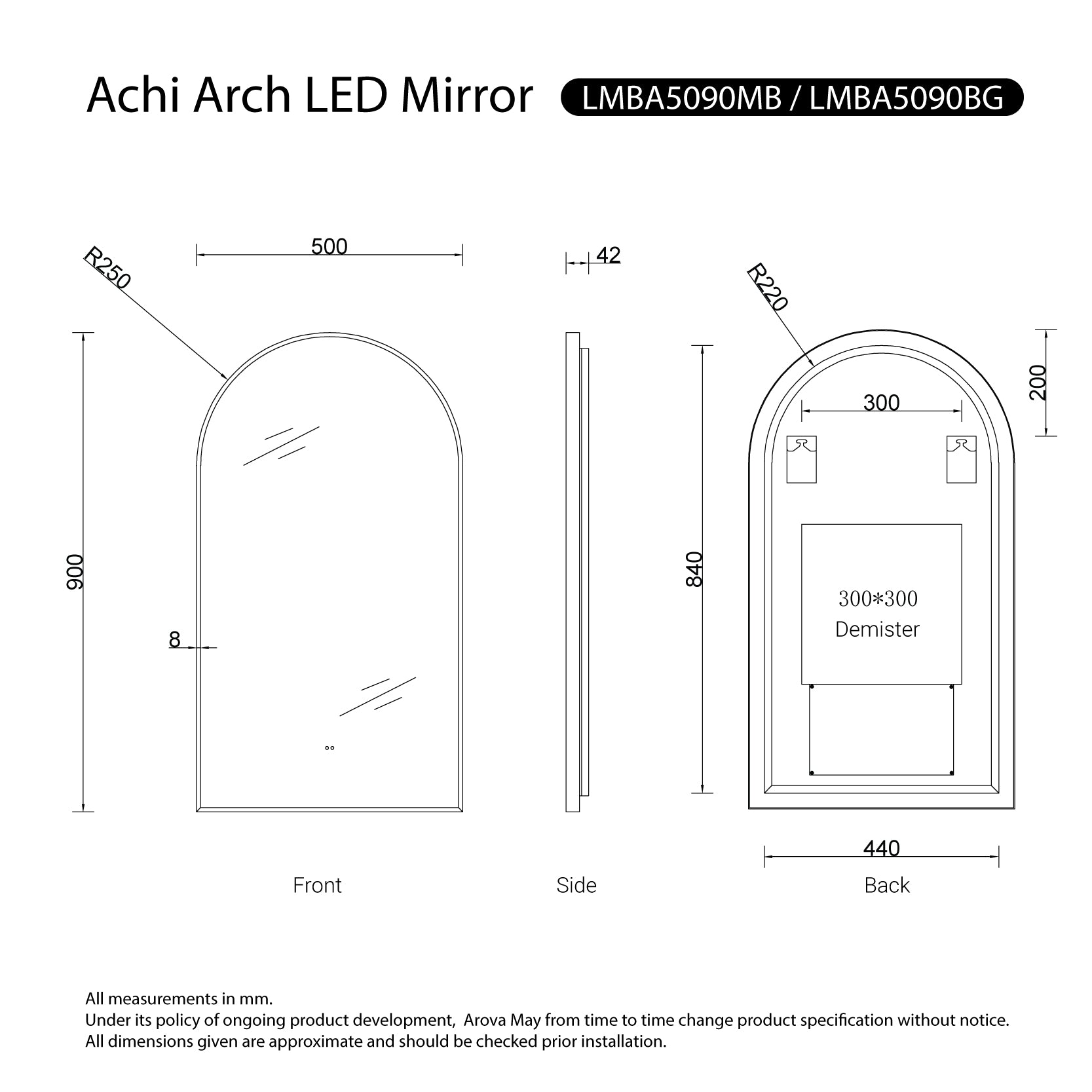 Achi Black Frame Anti-Fog Dimmable Arch Led Bathroom Mirror LED Mirror Arova 