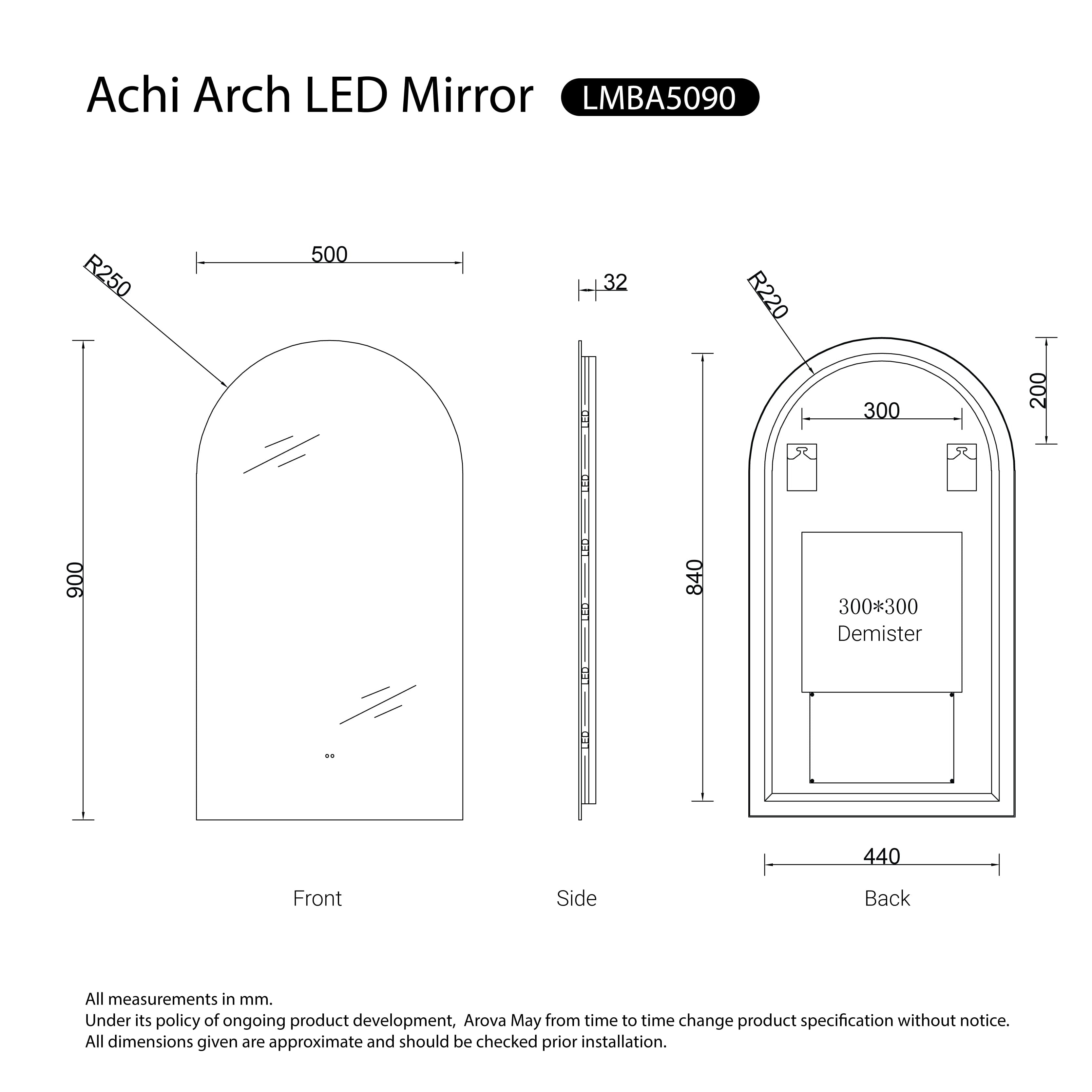 Achi Frameless Anti-Fog Dimmable Arch Led Bathroom Mirror LED Mirror Arova 