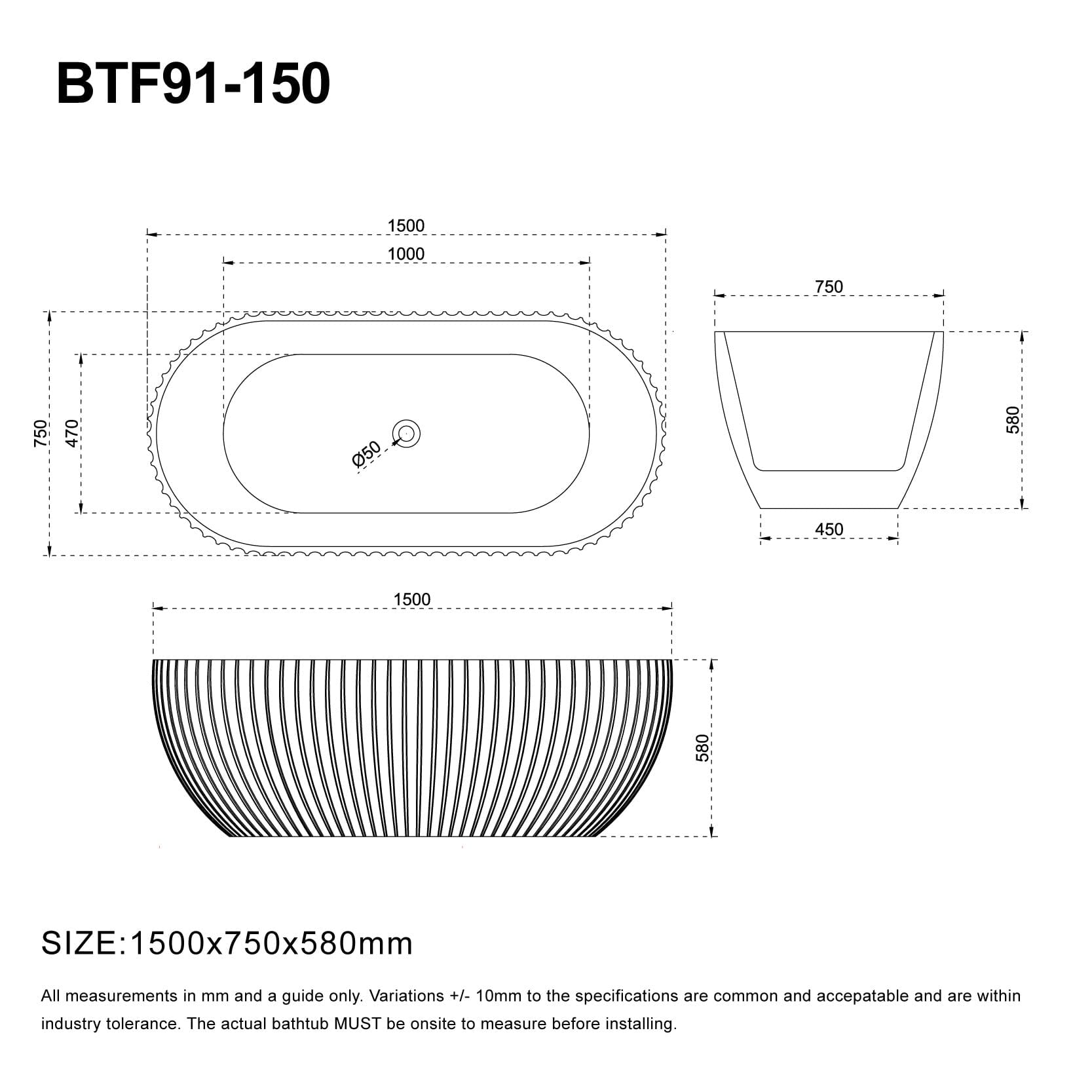 ALBA 1500mm Shell Fluted Oval Free Standing Bathtub Gloss White Baths AROVA 