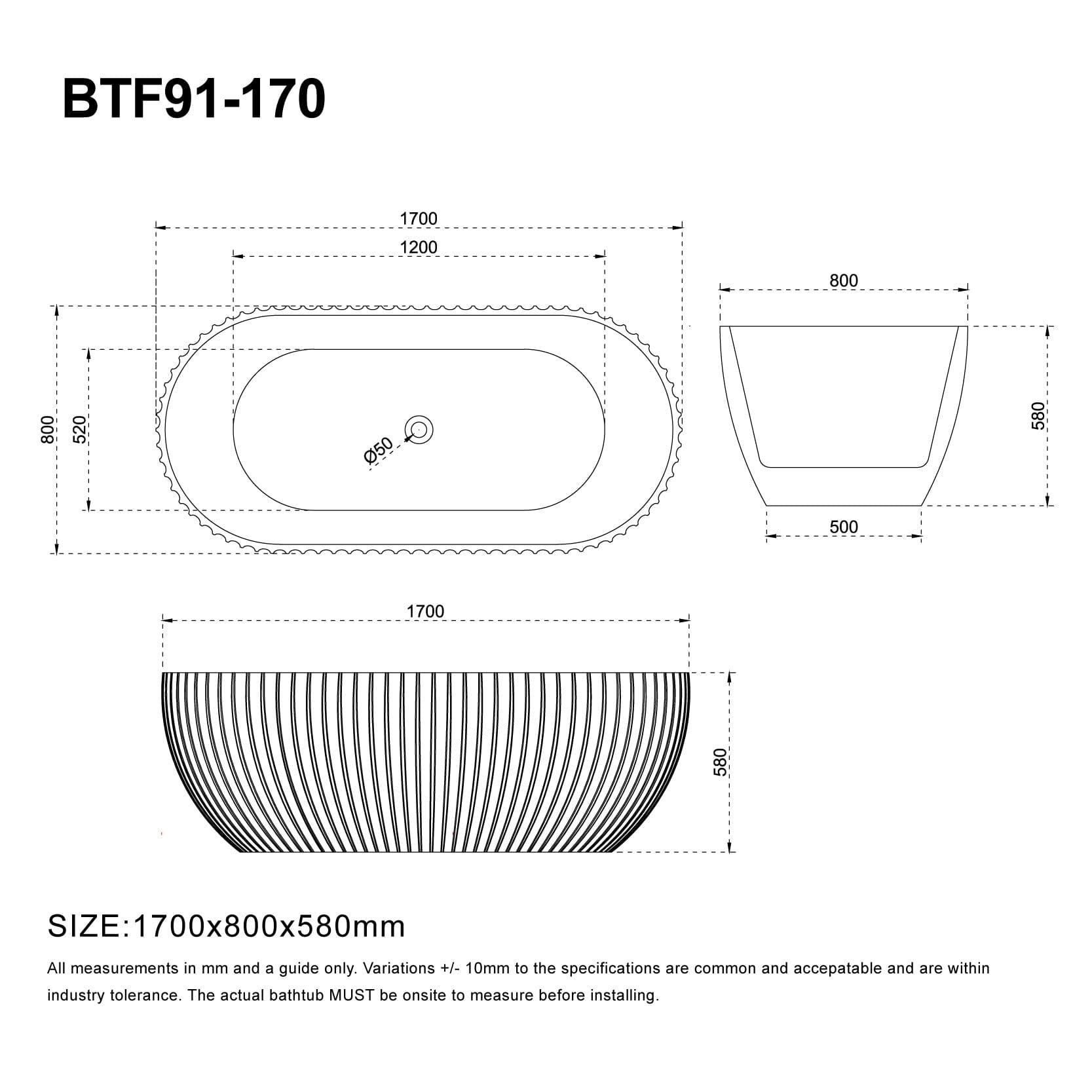 ALBA 1700mm Shell Fluted Oval Free Standing Bathtub Gloss White Baths AROVA 