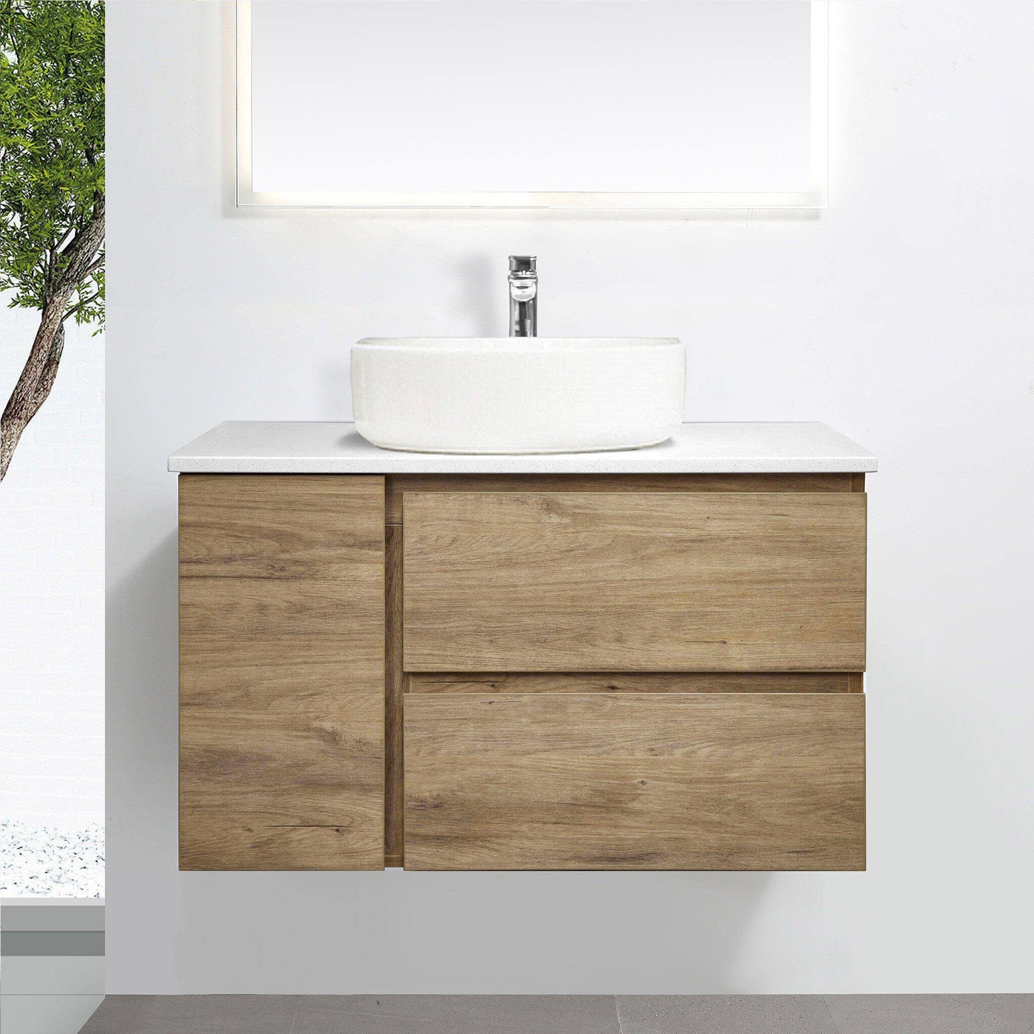 ALBANY 900mm Oak Timber Wall Hung Vanity + Bliss Stone Top AROVA 