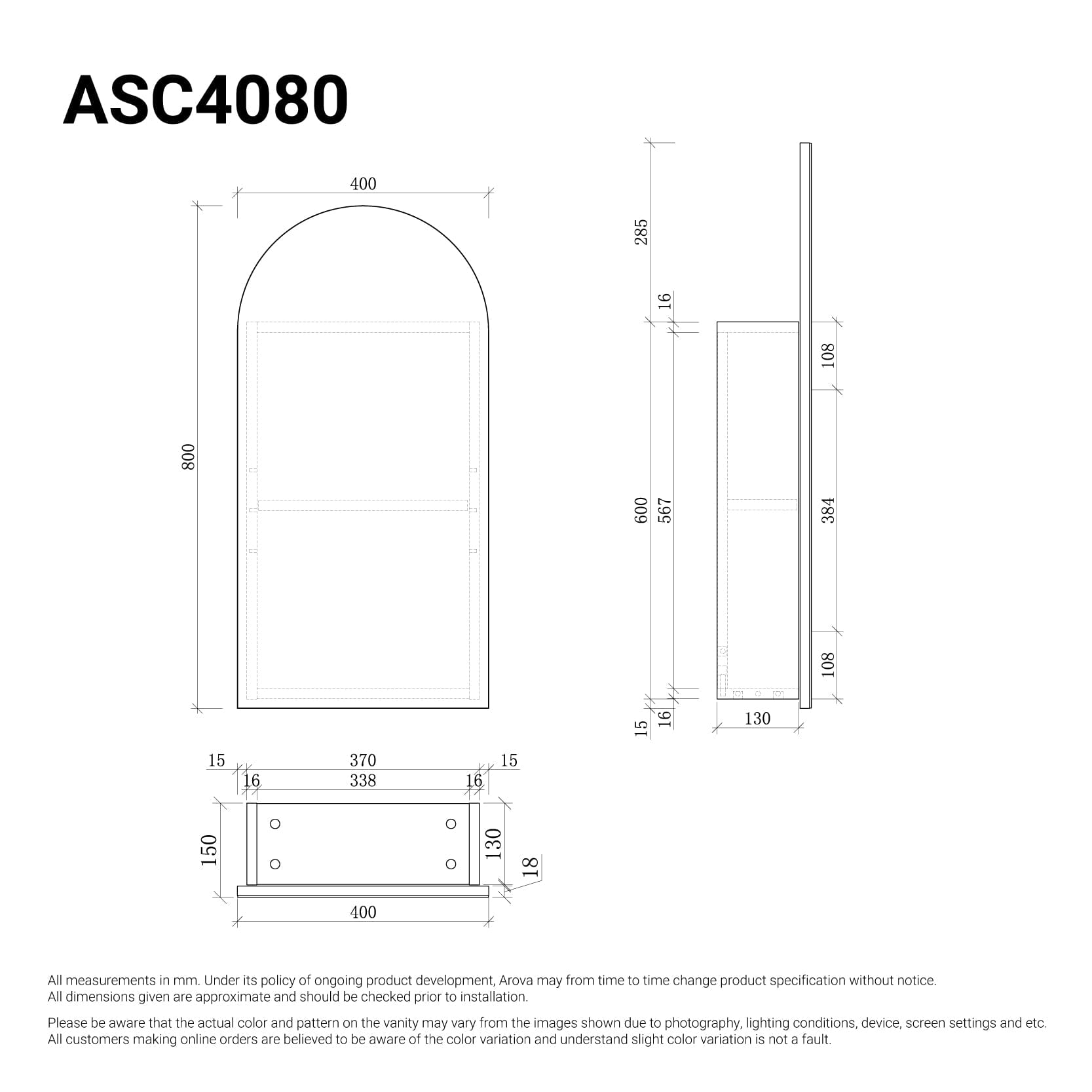 Ari 400mm Arch Shaving Cabinet Shaving Cabinet Arova 