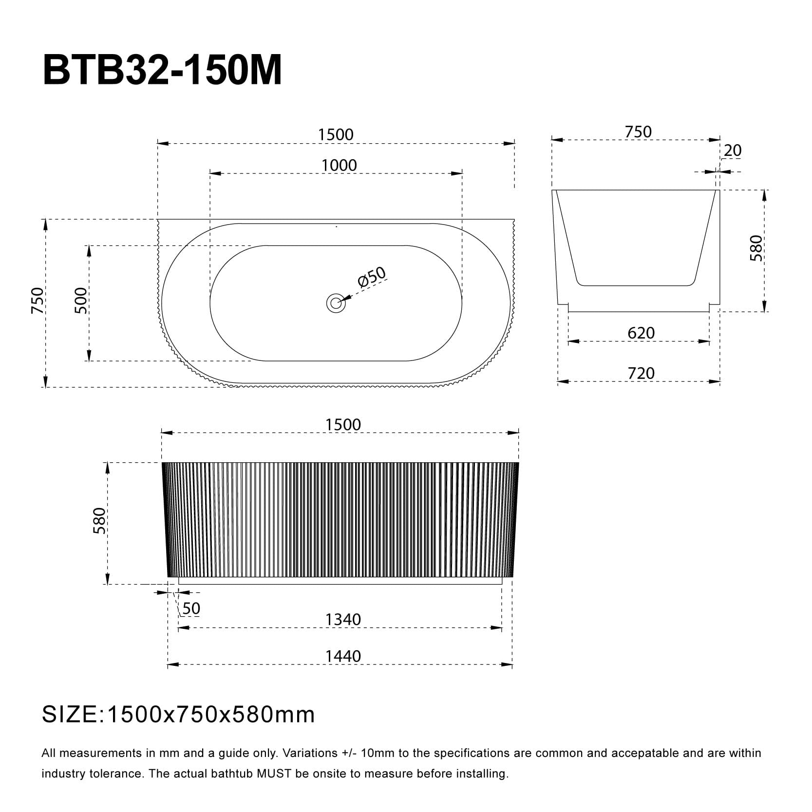 ARIA 1500mm V-Groove Fluted Back To Wall Free Standing Bathtub Matte White Baths AROVA 