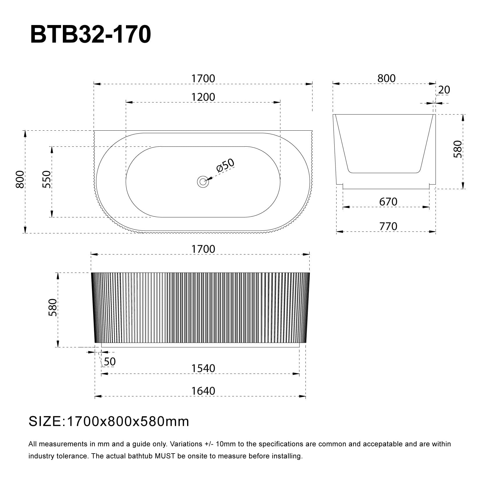 ARIA 1700mm V-Groove Fluted Back To Wall Free Standing Bathtub Gloss White Baths AROVA 