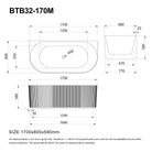 ARIA 1700mm V-Groove Fluted Back To Wall Free Standing Bathtub Matte White Baths AROVA 