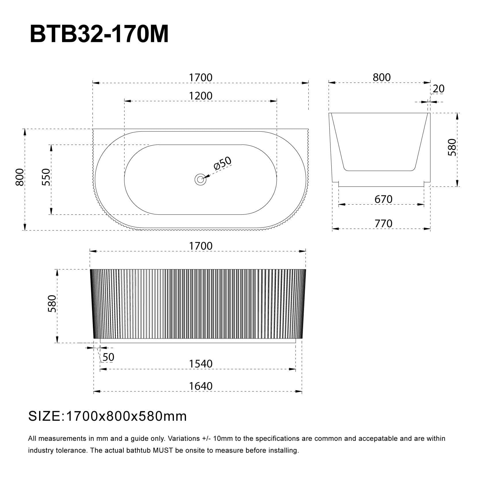 ARIA 1700mm V-Groove Fluted Back To Wall Free Standing Bathtub Matte White Baths AROVA 