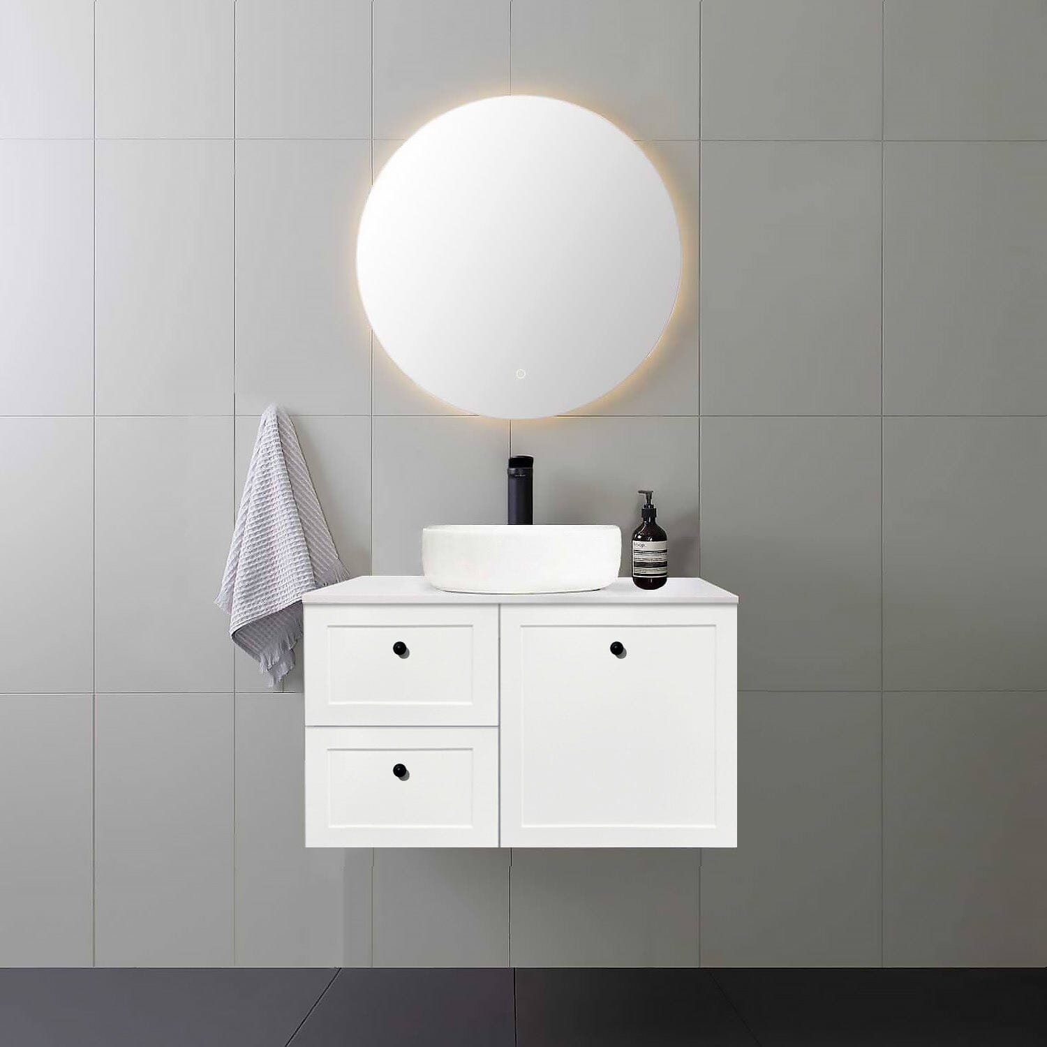 AUSTIN 900mm Wall Hung Bathroom Vanity (Left Hand) + Luxe Stone Top AROVA 