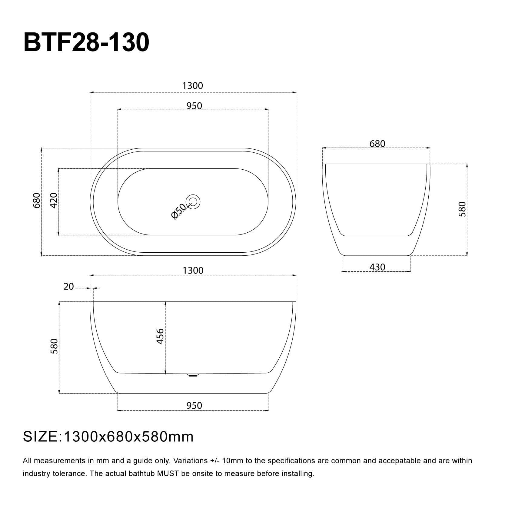 Ciao 1300mm Oval Free Standing Acrylic Bathtub Gloss White Baths AROVA 