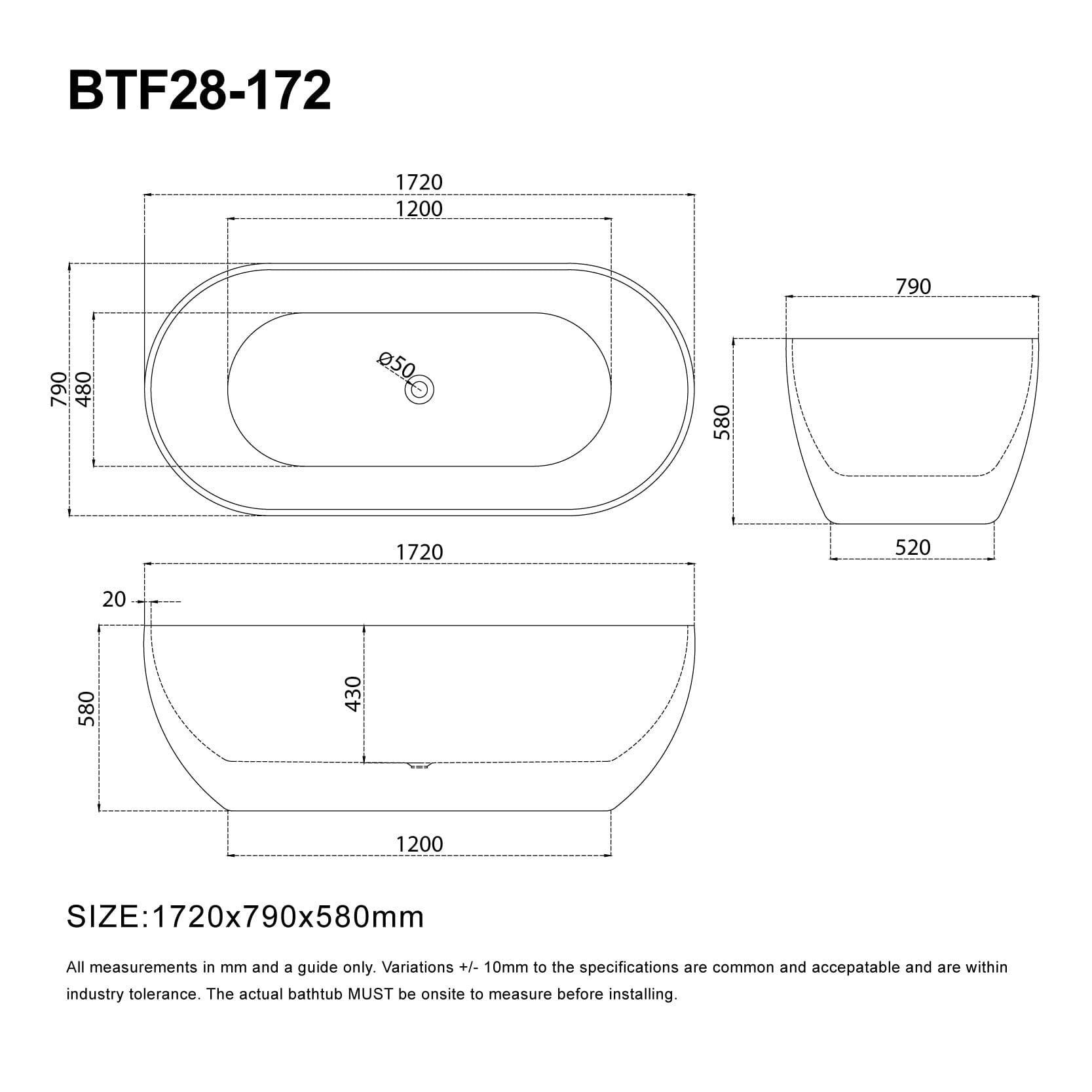 Ciao 1720mm Oval Large Free Standing Acrylic Bathtub Gloss White Baths AROVA 