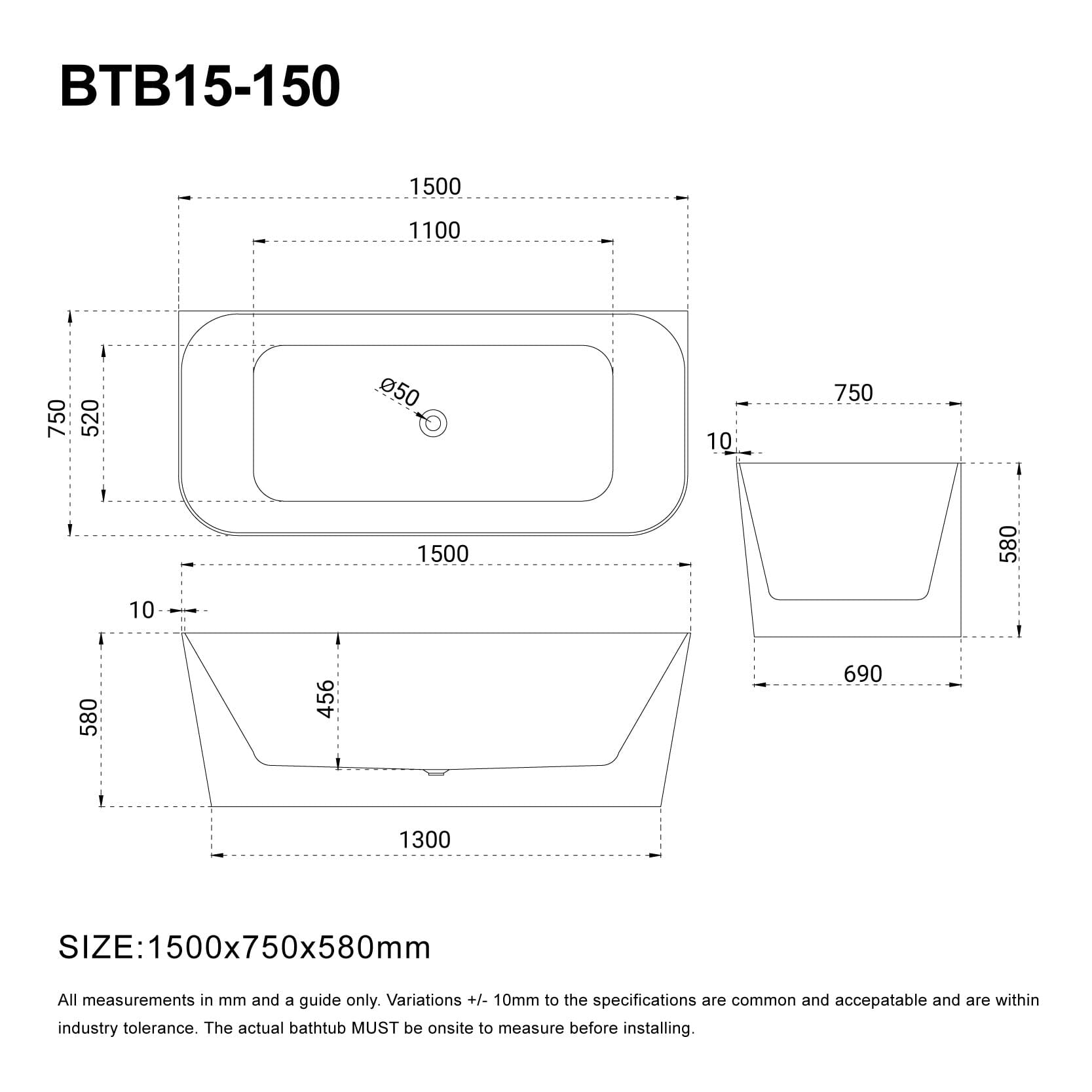 CLIO 1500mm Back to Wall Free Standing Bath Gloss White Baths AROVA 