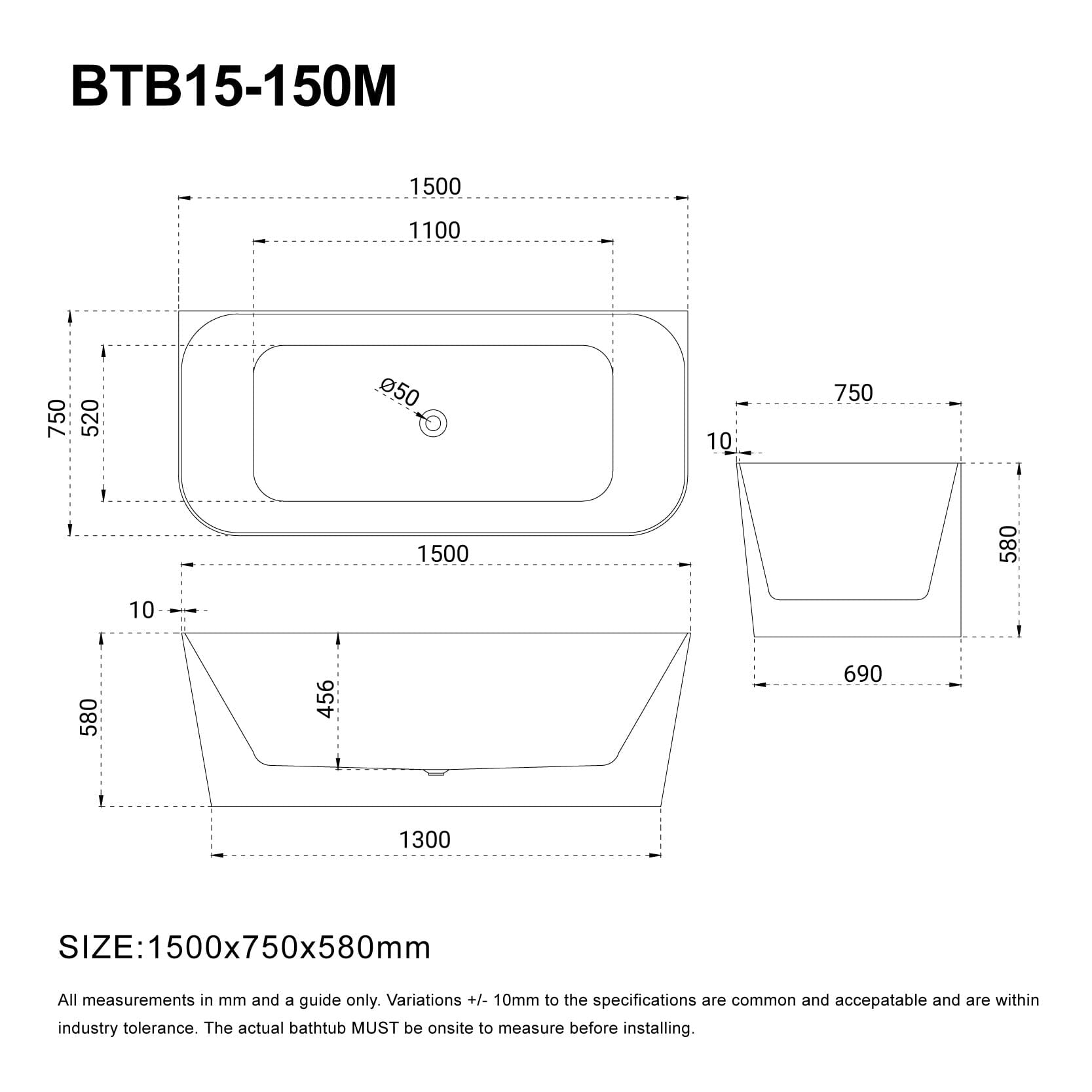 CLIO 1500mm Back to Wall Free Standing Bath Matte White Baths AROVA 