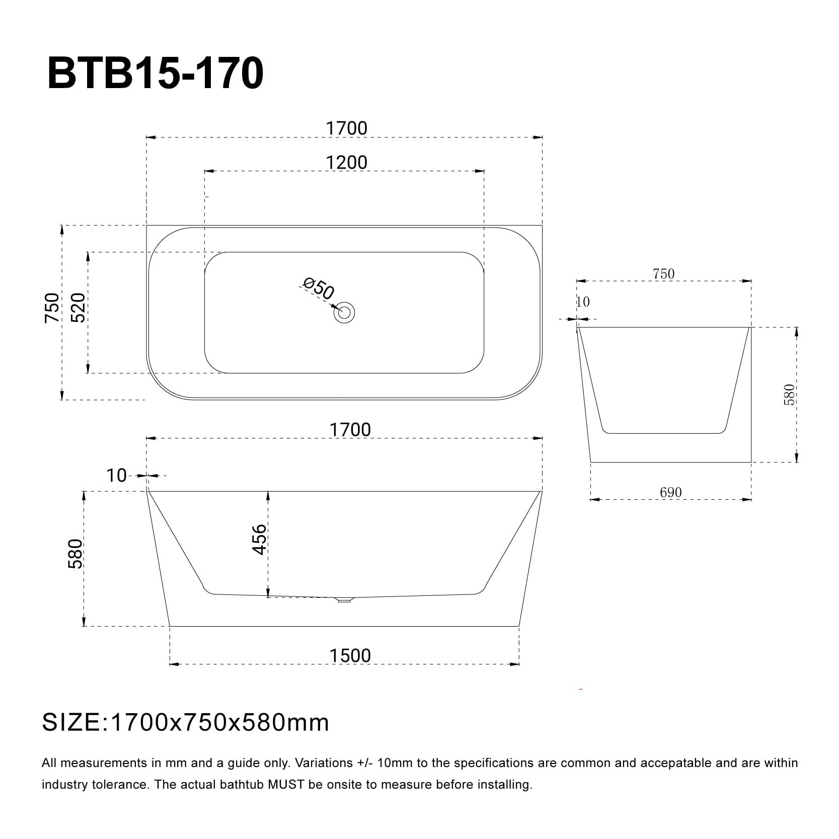 CLIO 1700mm Back to Wall Free Standing Bath Matte White Baths AROVA 