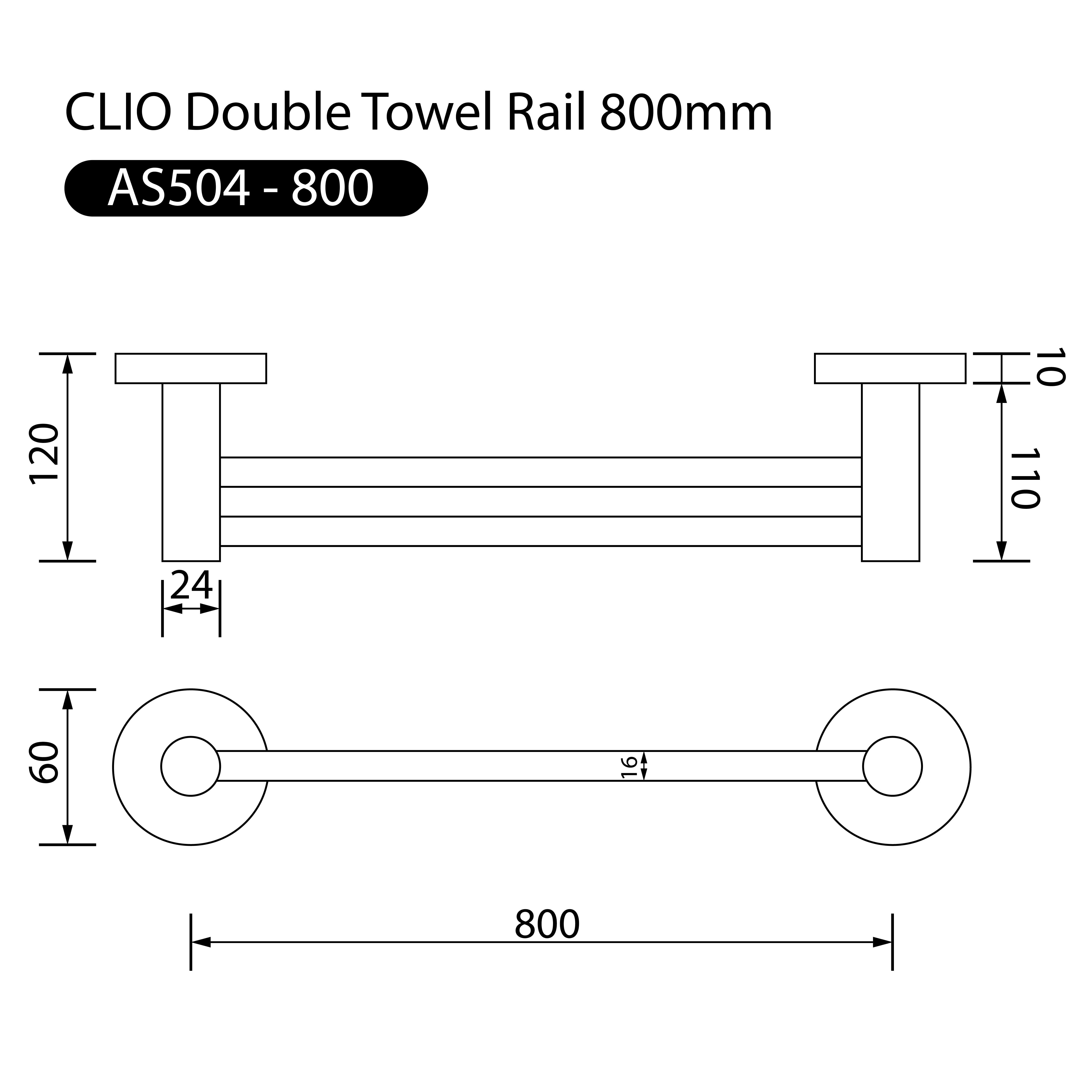 Clio Double Towel Rail 800mm Brushed Nickel Accessories Arova 