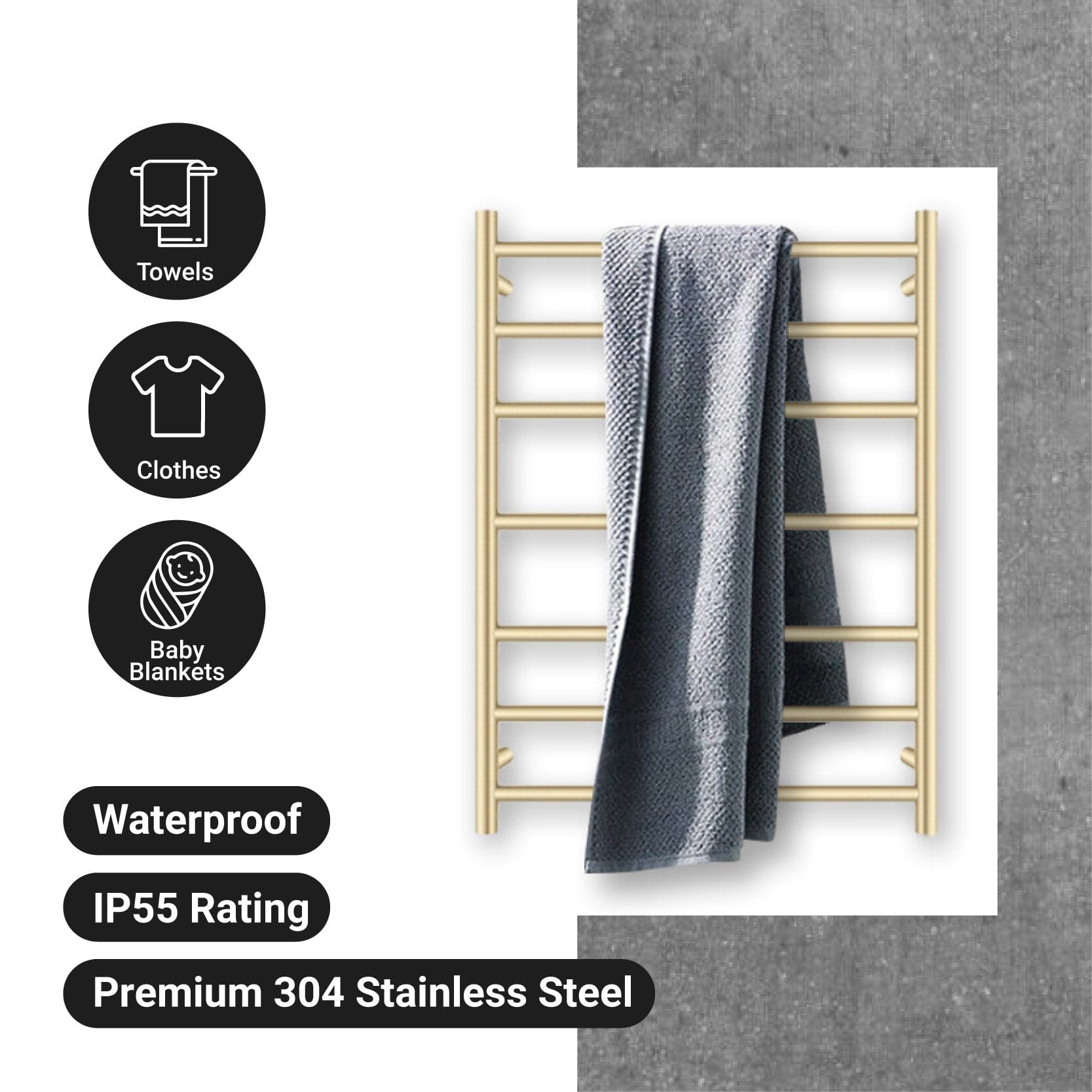 CLIO Heated Towel Rail Round Brushed Gold Accessories Arova 