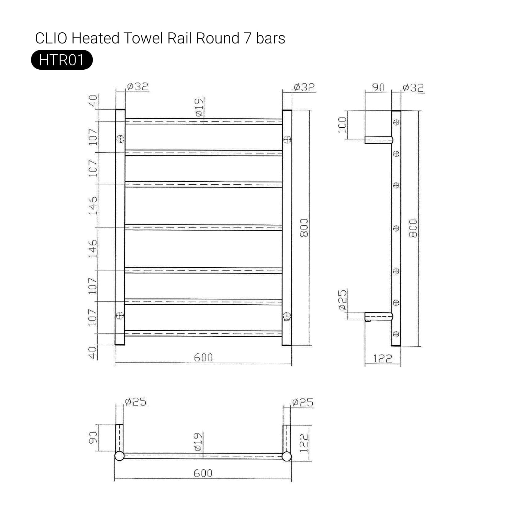 CLIO Heated Towel Rail Round Brushed Gold Accessories Arova 