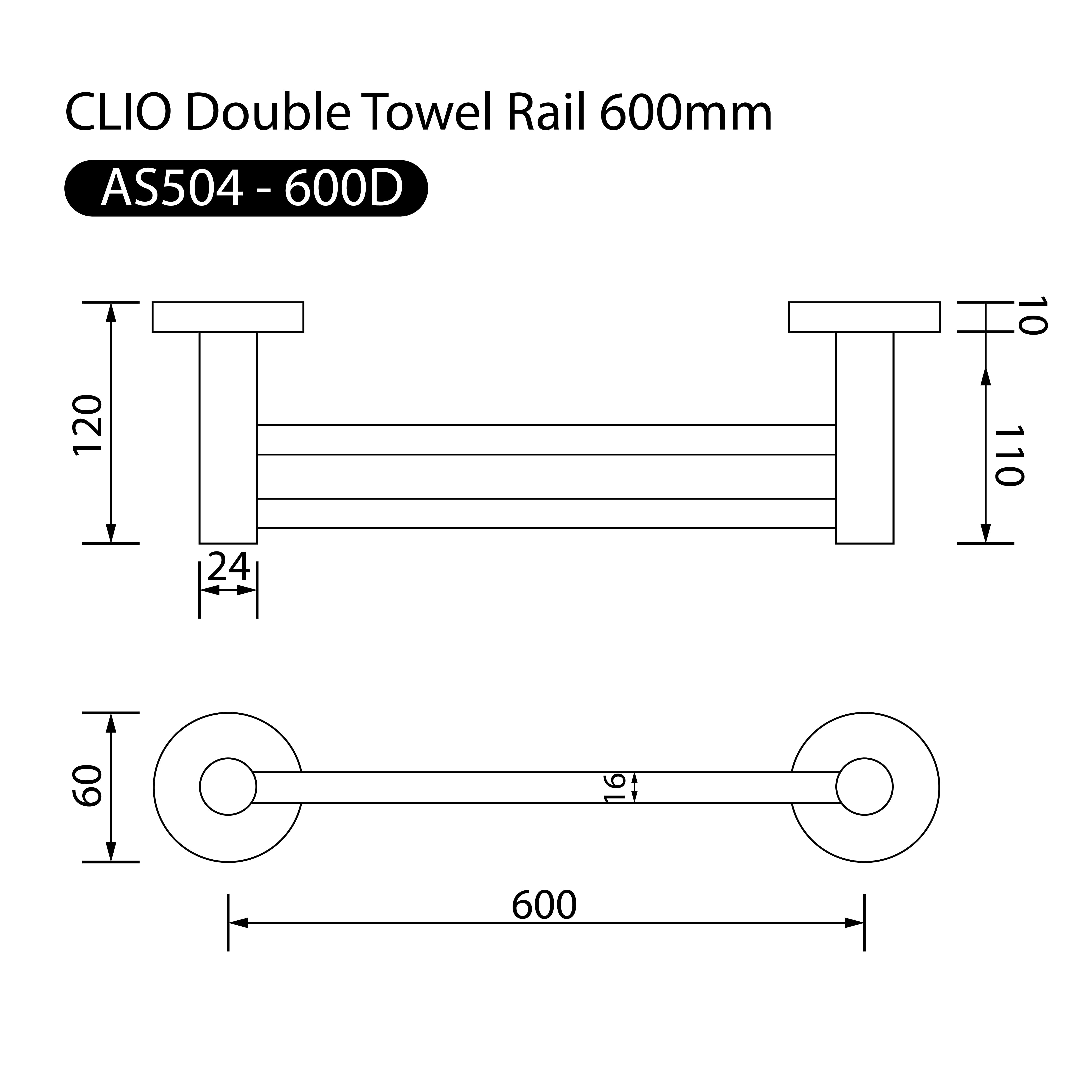 Clio Round Double Towel Rail 600mm Chrome Accessories Arova 