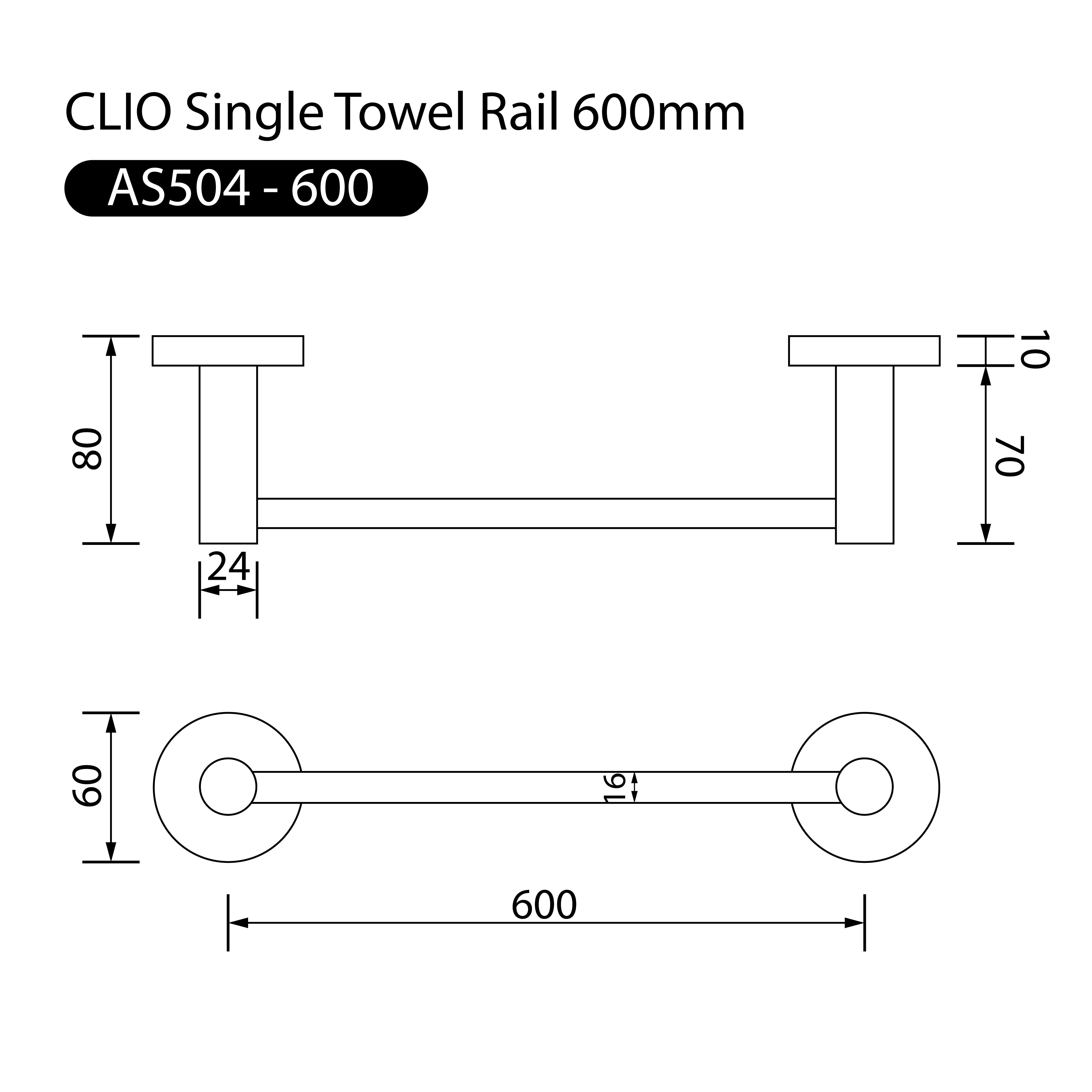 Clio Single Towel Rail 600mm Gunmetal Accessories Arova 