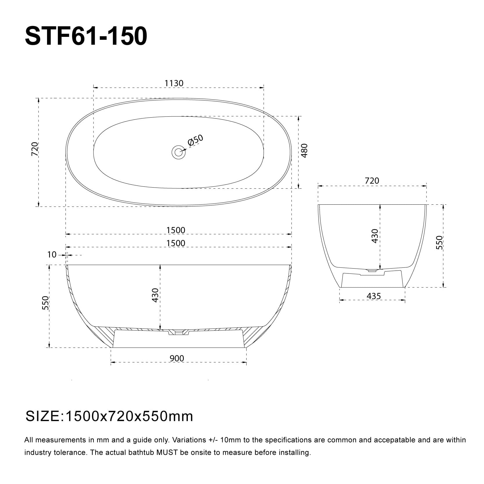 DAWN 1500mm Stone Oval Free Standing Bathtub Matte White Baths AROVA 