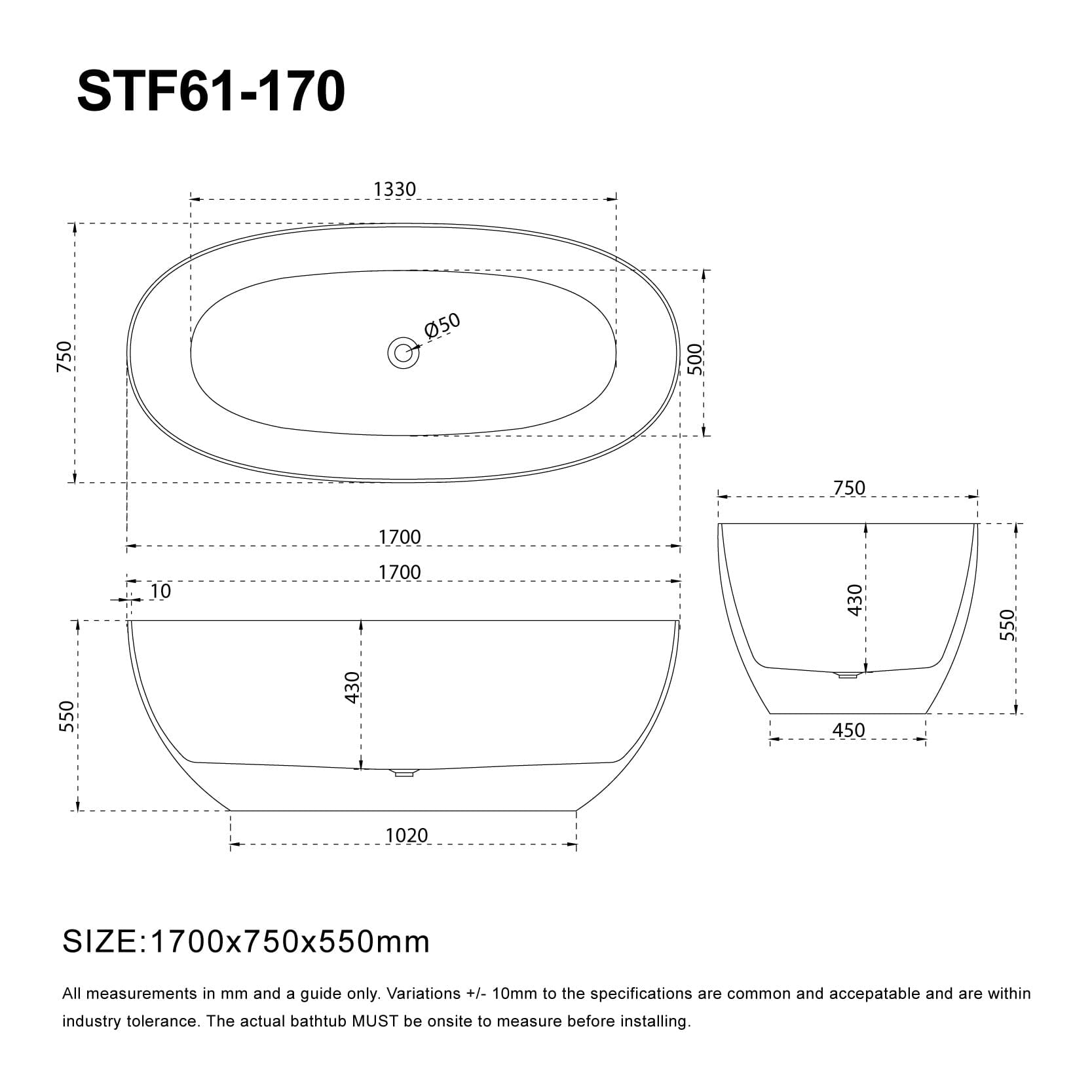 DAWN 1700mm Stone Oval Free Standing Bathtub Matte White Baths AROVA 