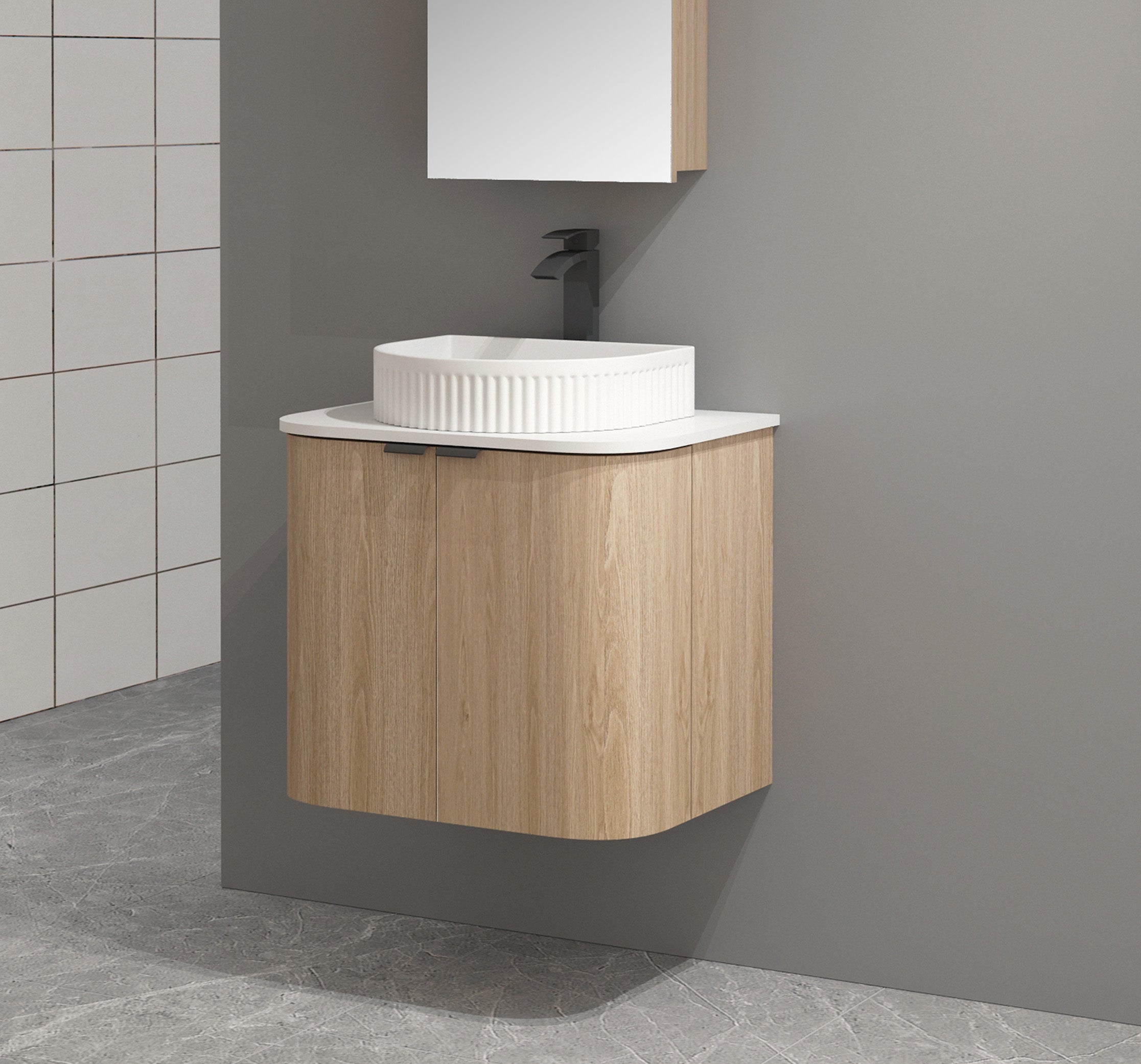 Ellie 600mm Curved Wall Hung Vanity + Curved Ceramic Top Arova 