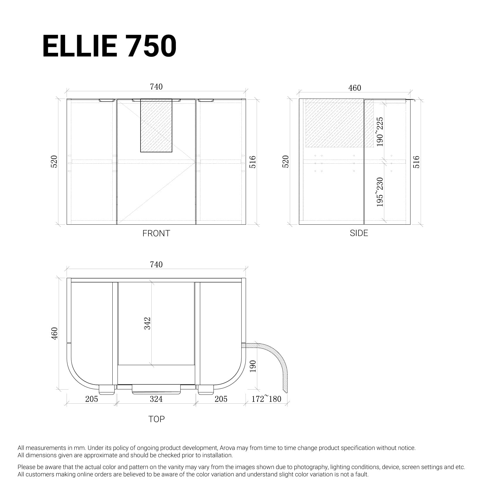 Ellie 750mm Curved Wall Hung Vanity Vanities Arova 