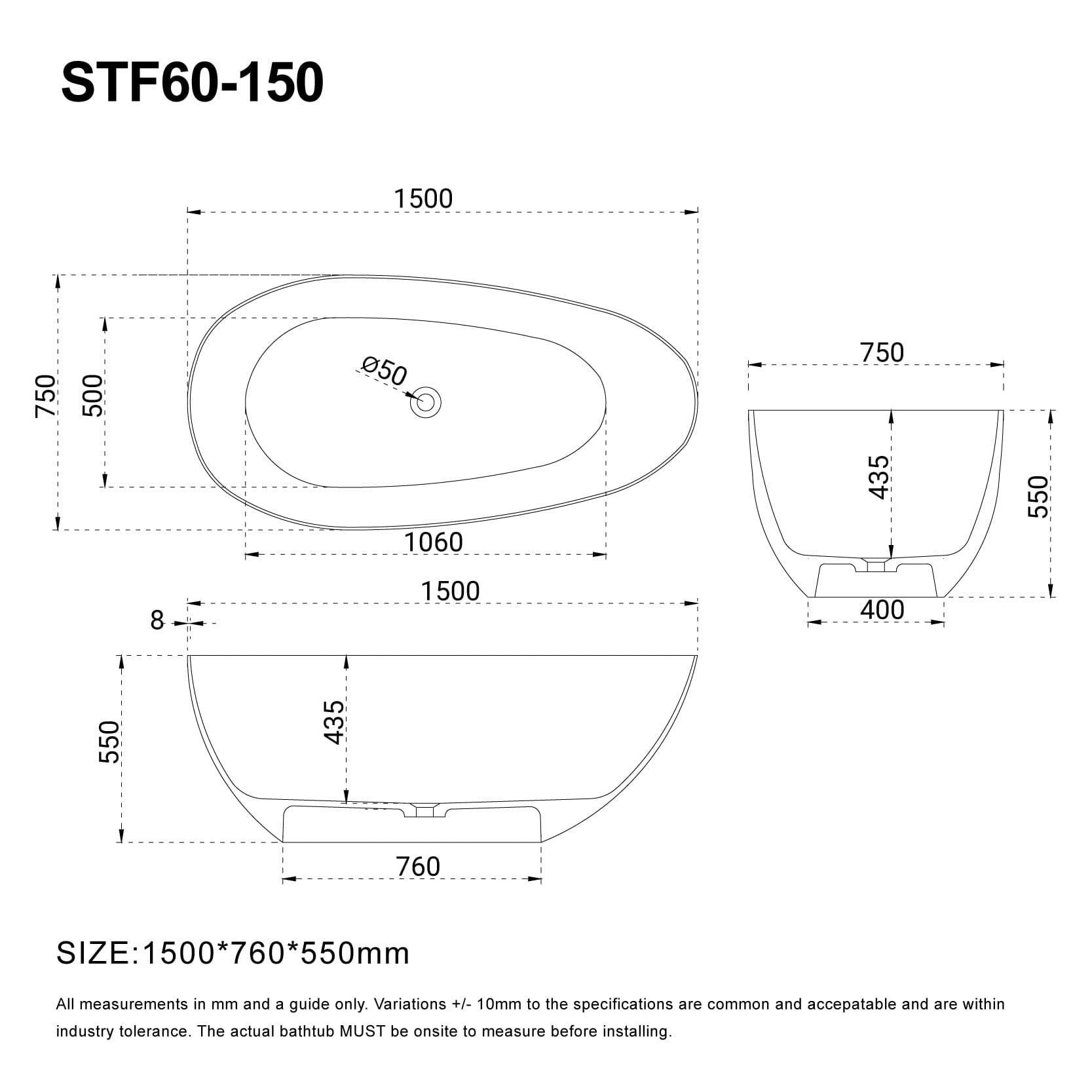 FINN 1500mm Egg Shape Oval Stone Bath Matte White Baths AROVA 