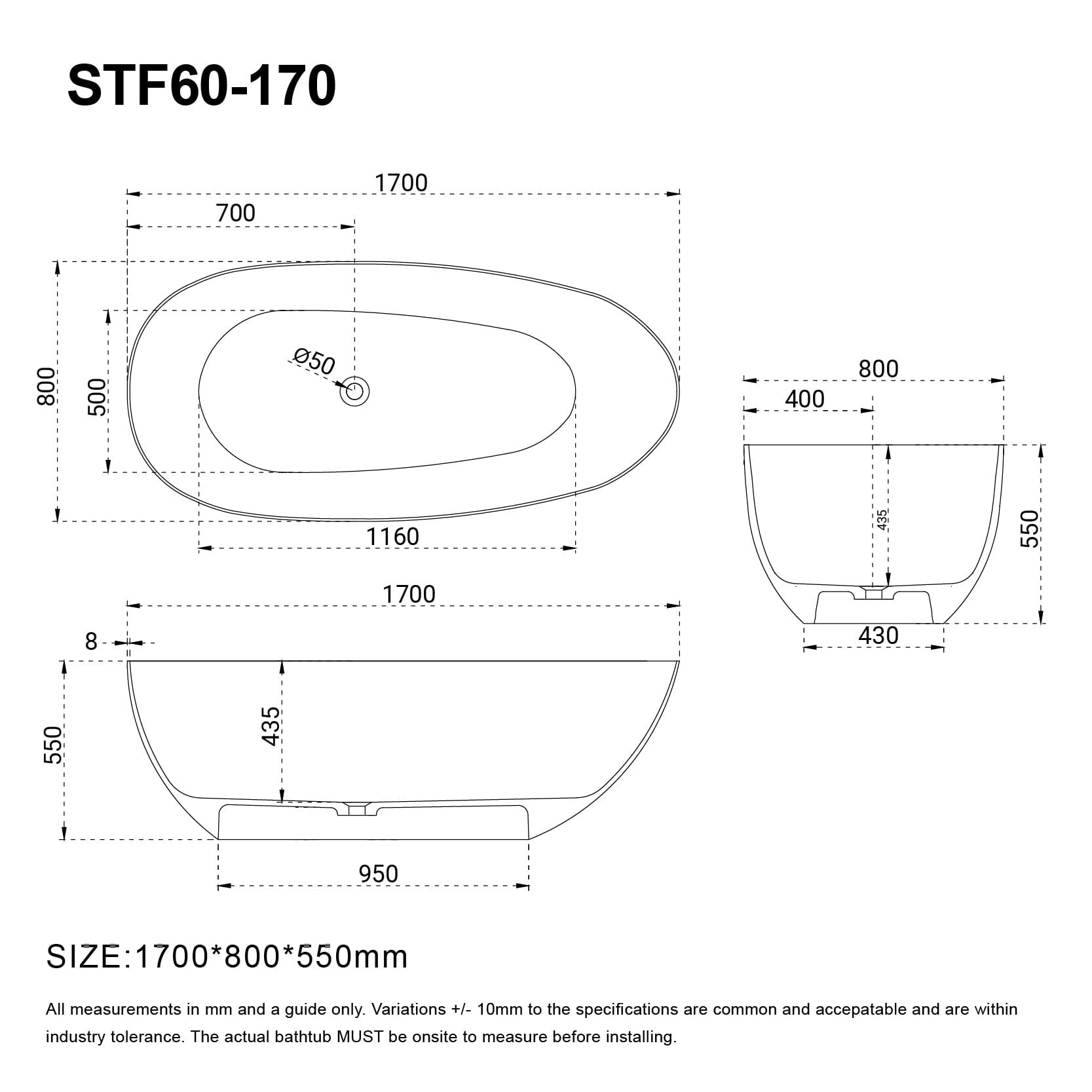 FINN 1700mm Egg Shape Oval Stone Bathtub Matte White Baths Arova 