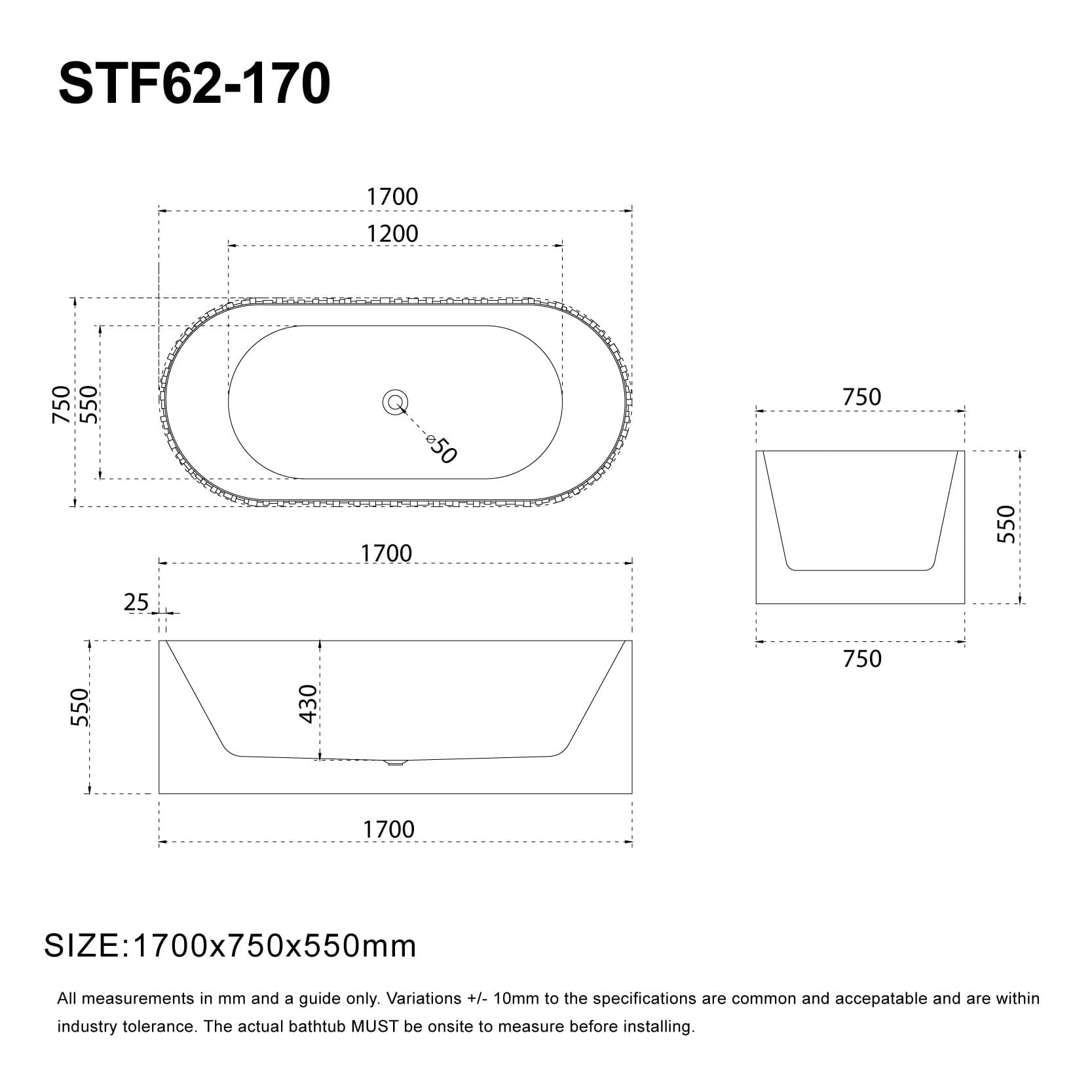 GABY 1700mm Stone Oval Fluted Freestanding Bathtub Matte White Baths AROVA 