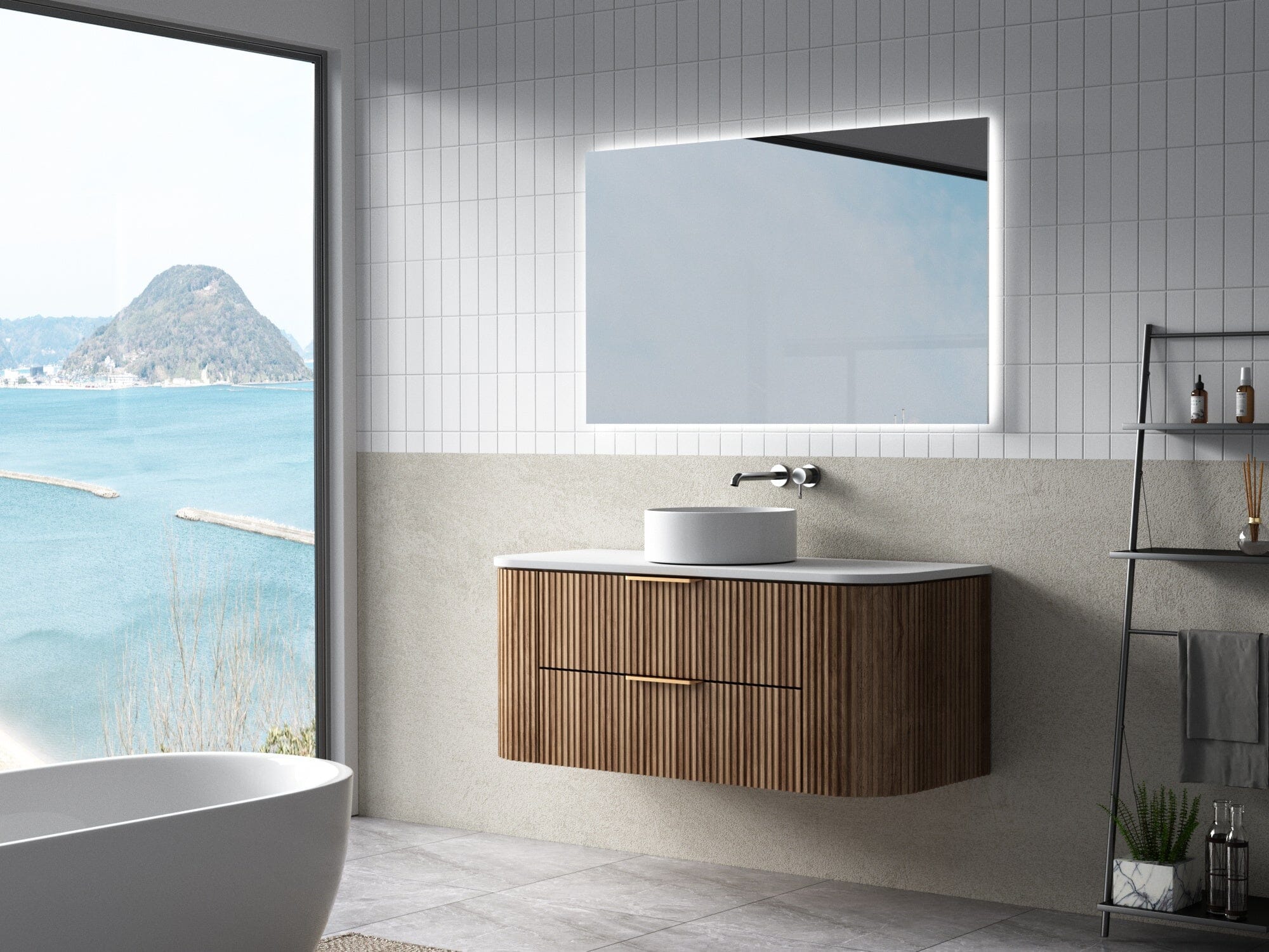 Hadley 1200mm Curved Fluted Wall Hung Vanity Timber Veneer + Luxe Stone Top Arova 