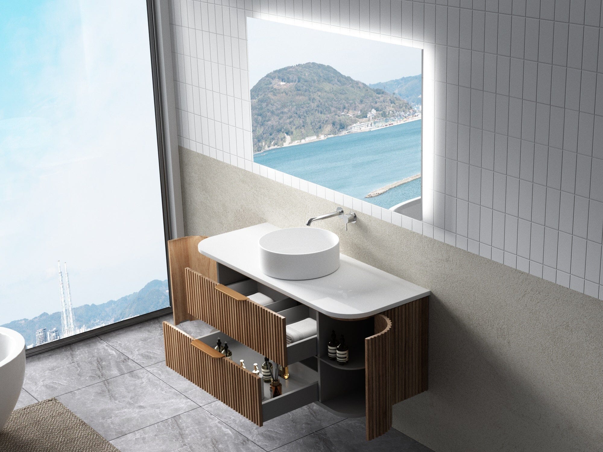 Hadley 1200mm Curved Fluted Wall Hung Vanity Timber Veneer + Luxe Stone Top Arova 