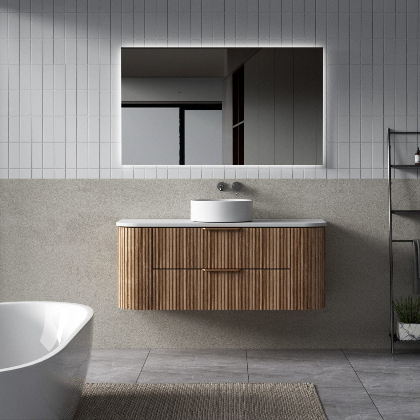 Hadley 1200mm Curved Fluted Wall Hung Vanity Timber Veneer + Luxe Stone Top Arova 