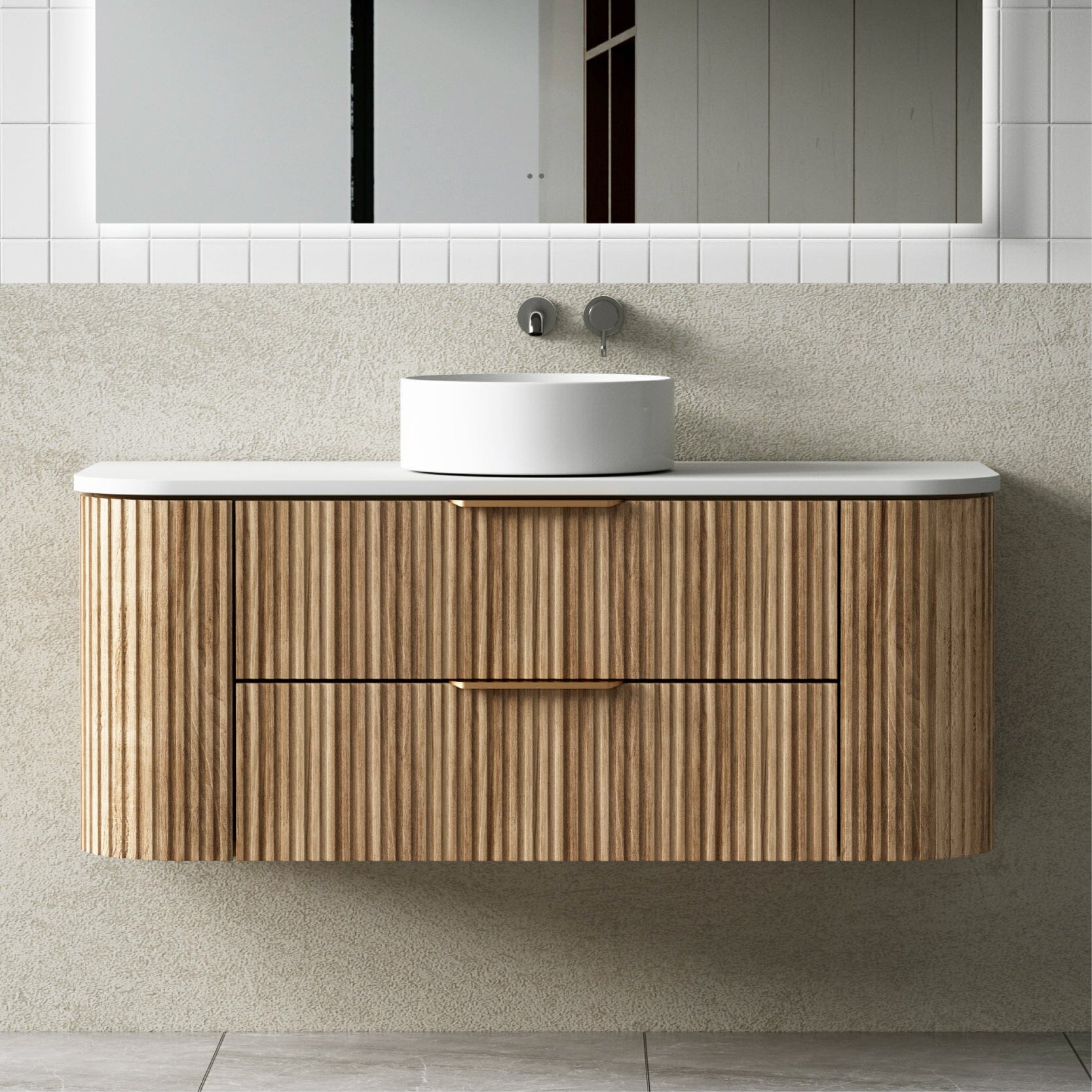 Hadley 1200mm Curved Fluted Wall Hung Vanity Timber Veneer + Luxe Stone Top Arova 