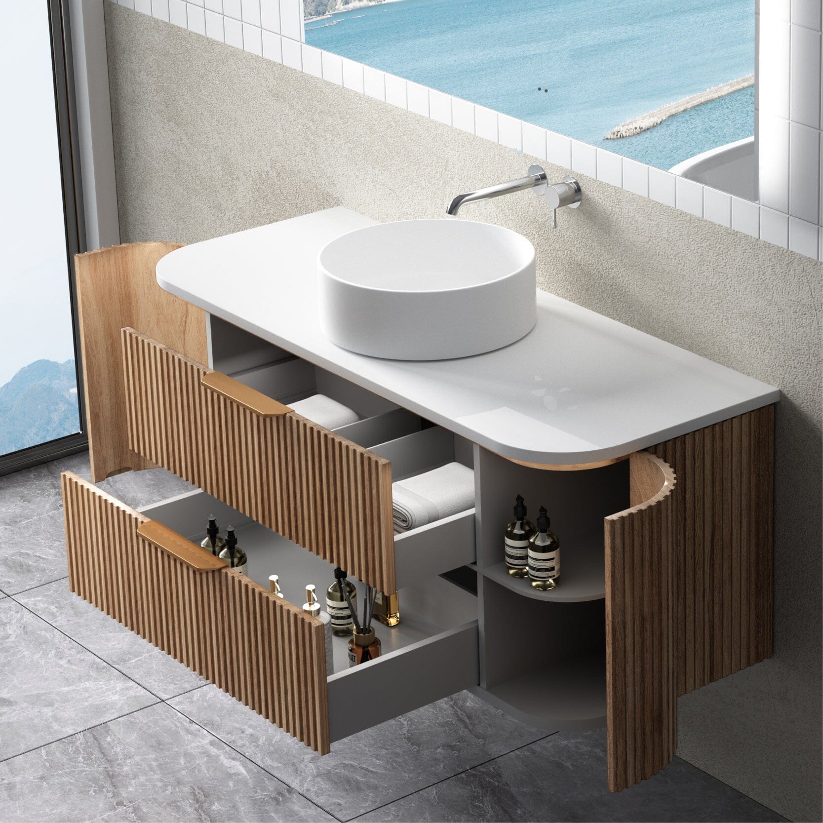 Hadley 1200mm Curved Fluted Wall Hung Vanity Timber Veneer Vanities Arova 