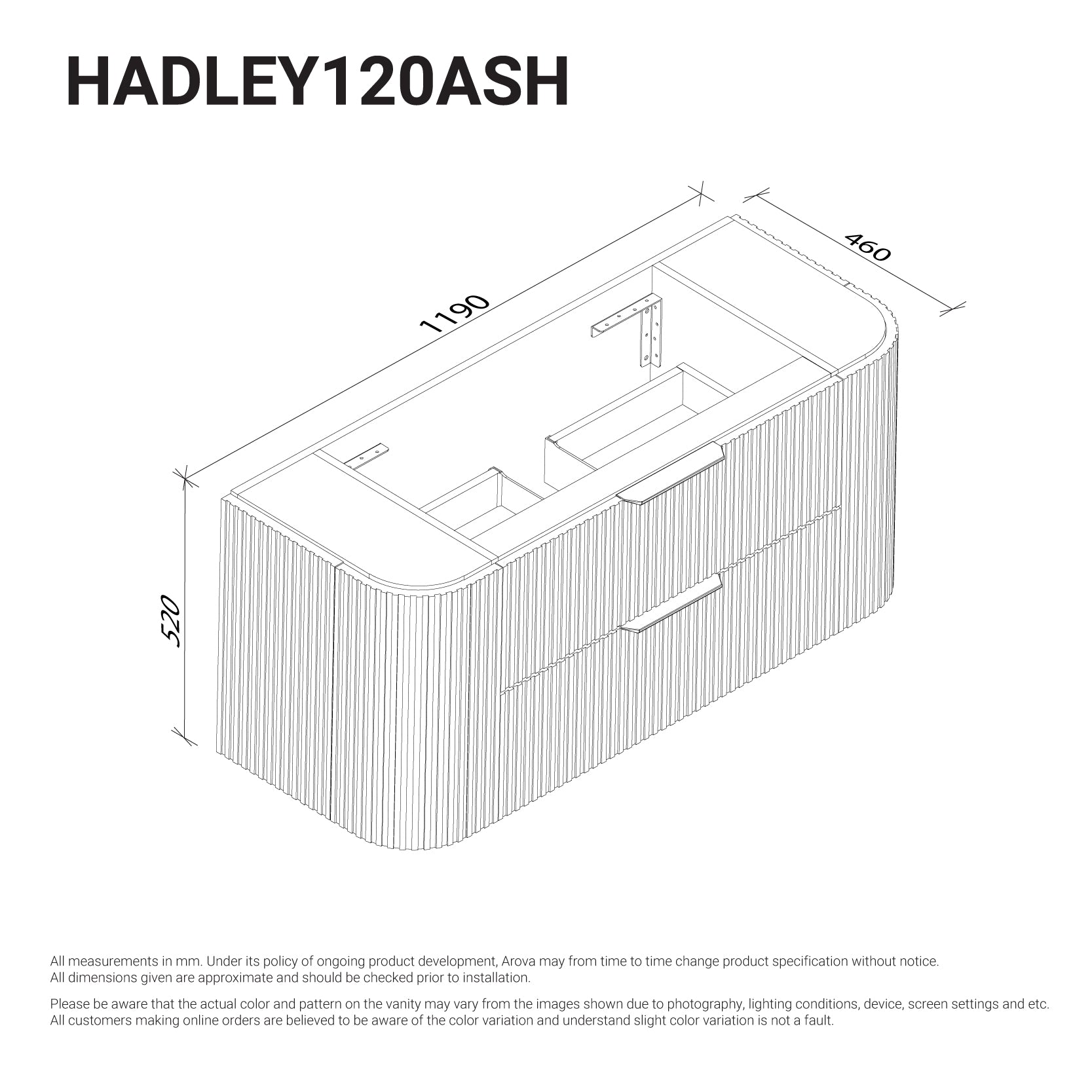 Hadley 1200mm Curved Fluted Wall Hung Vanity Timber Veneer Vanities Arova 