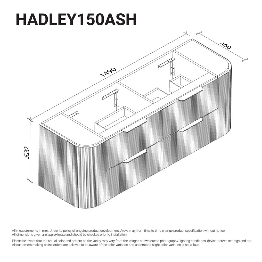 Hadley 1500mm Curved Fluted Wall Hung Vanity Timber Veneer Vanities Arova 