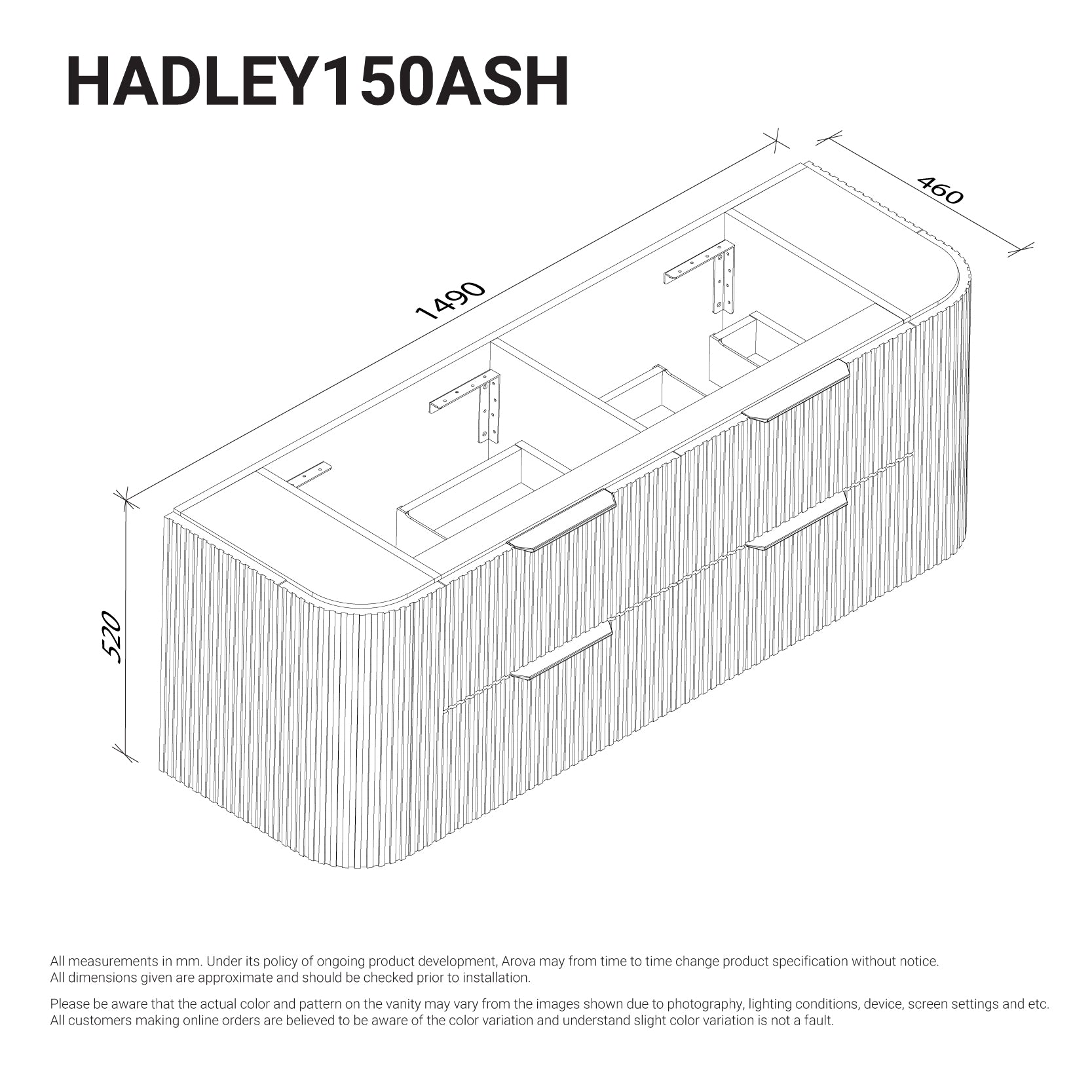 Hadley 1500mm Curved Fluted Wall Hung Vanity Timber Veneer Vanities Arova 