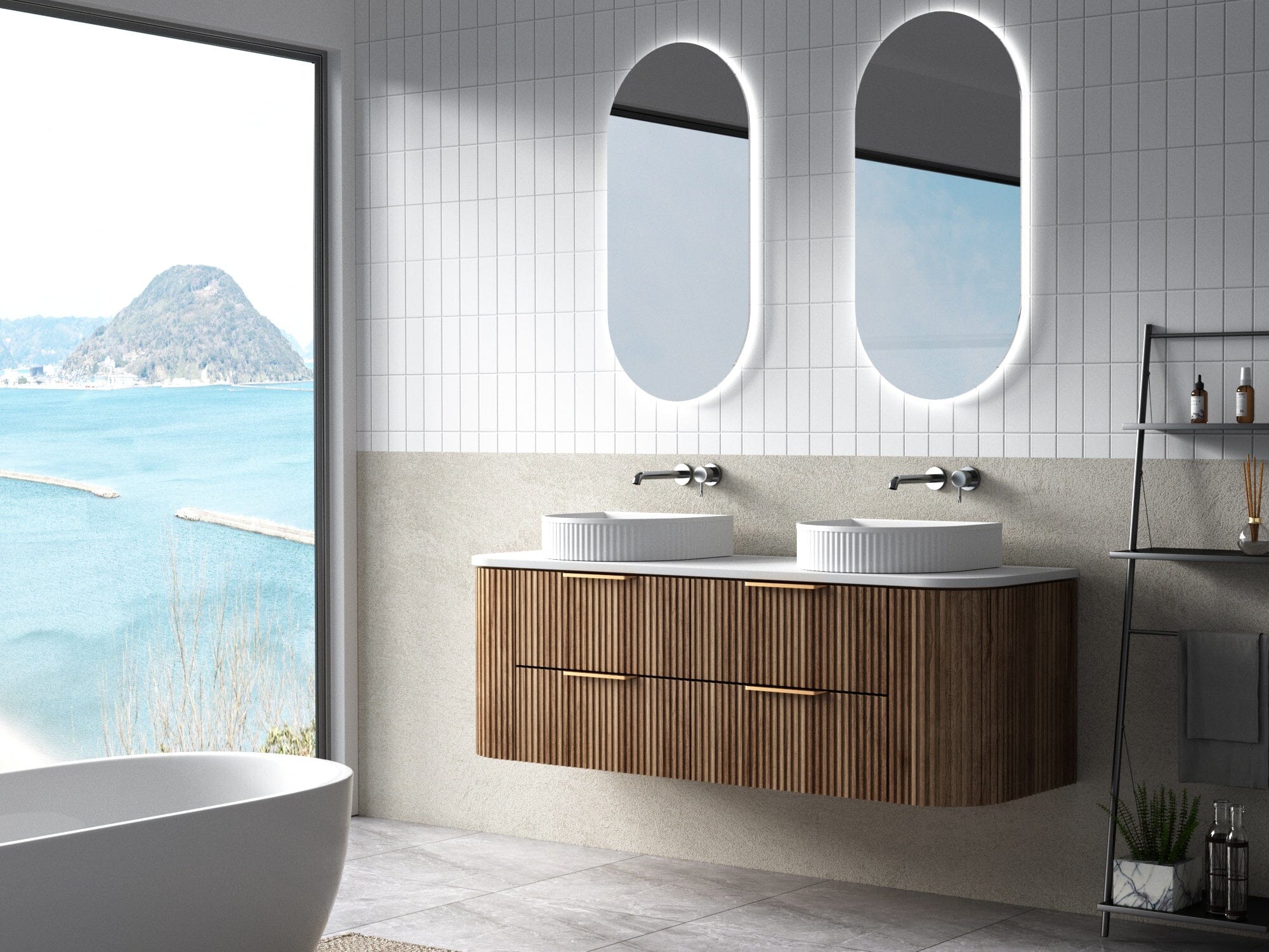 Hadley 1500mm Timber Veneer Curved Fluted Wall Hung Vanity + Luxe Stone Top Arova 