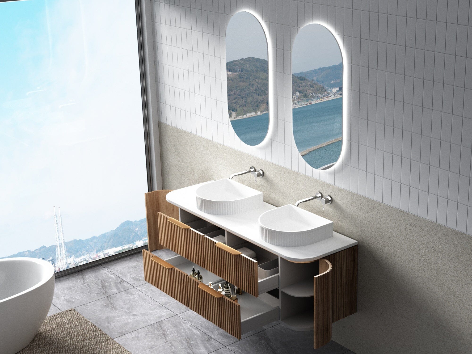 Hadley 1500mm Timber Veneer Curved Fluted Wall Hung Vanity + Luxe Stone Top Arova 