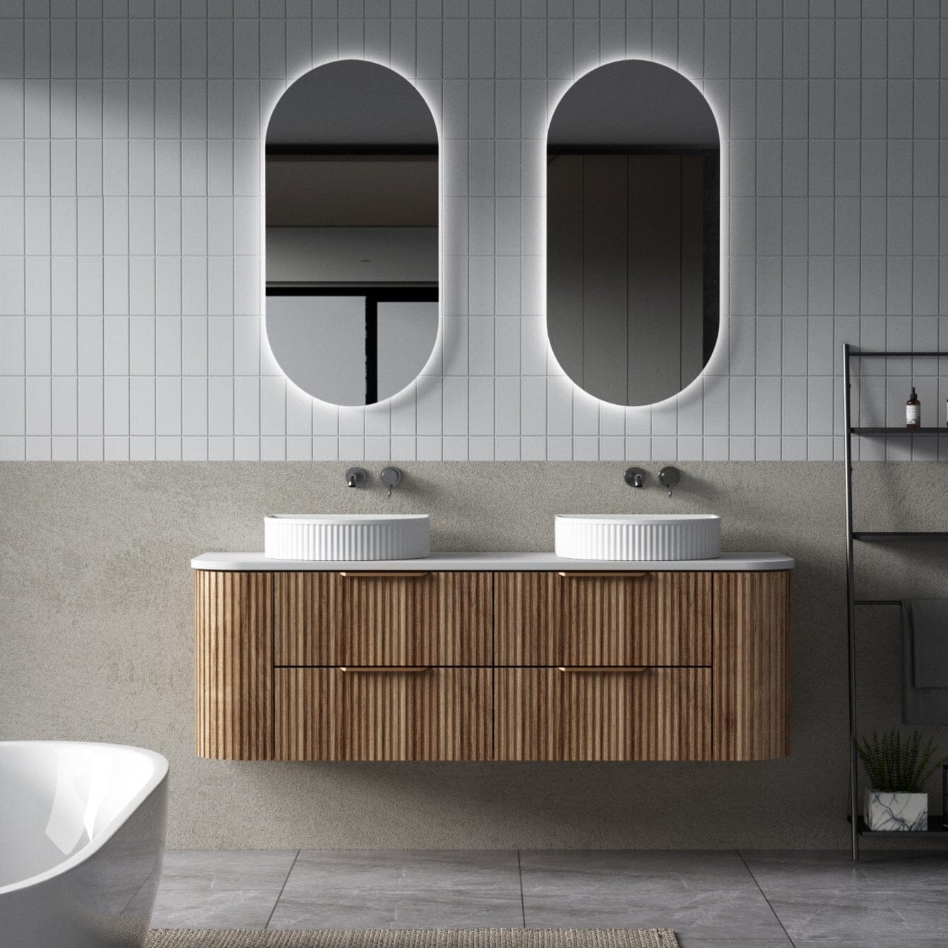 Hadley 1500mm Timber Veneer Curved Fluted Wall Hung Vanity + Luxe Stone Top Arova 