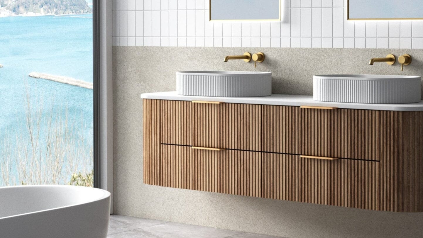 Hadley 1800mm Curved Fluted Wall Hung Vanity Timber Veneer + Luxe Stone Top Arova 