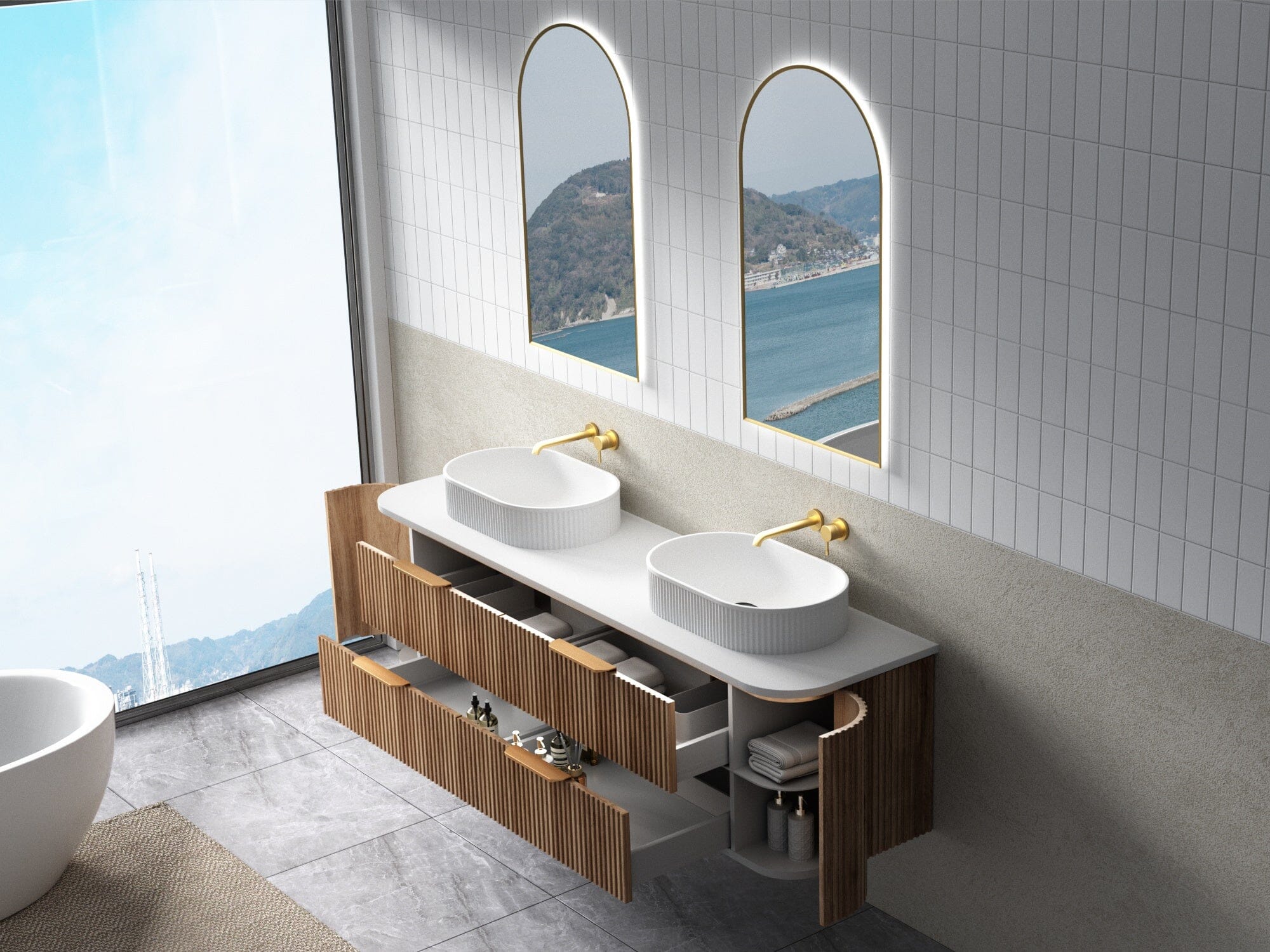 Hadley 1800mm Curved Fluted Wall Hung Vanity Timber Veneer + Luxe Stone Top Arova 