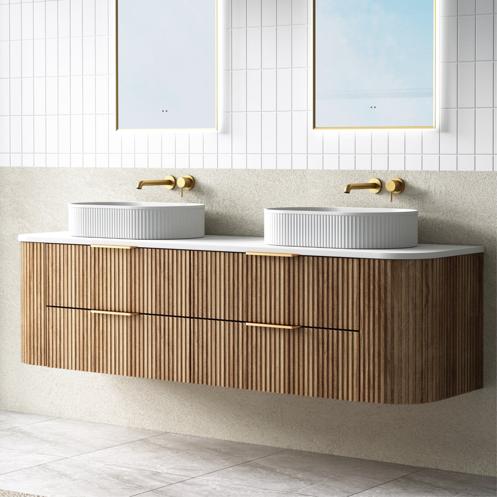 Hadley 1800mm Curved Fluted Wall Hung Vanity Timber Veneer Vanities Arova 