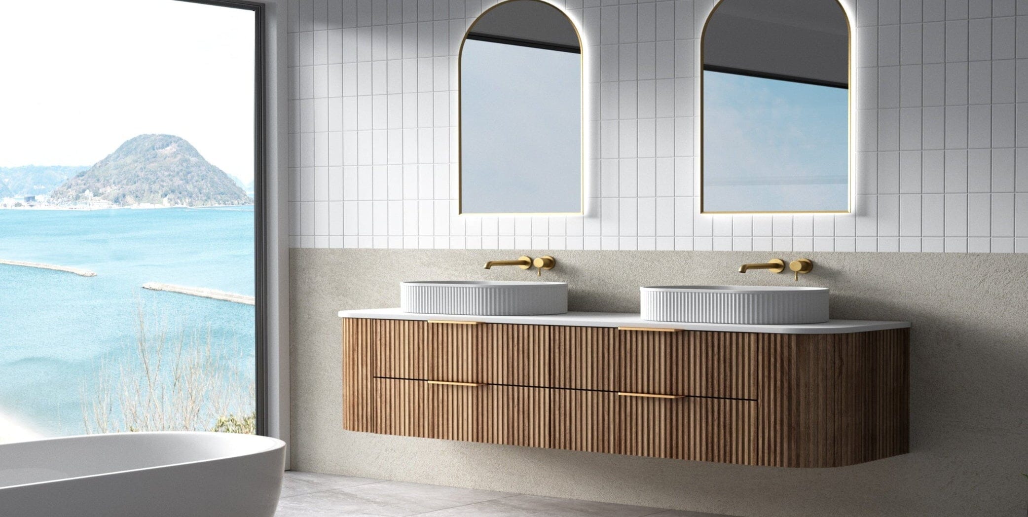 Hadley 1800mm Curved Fluted Wall Hung Vanity Timber Veneer Vanities Arova 