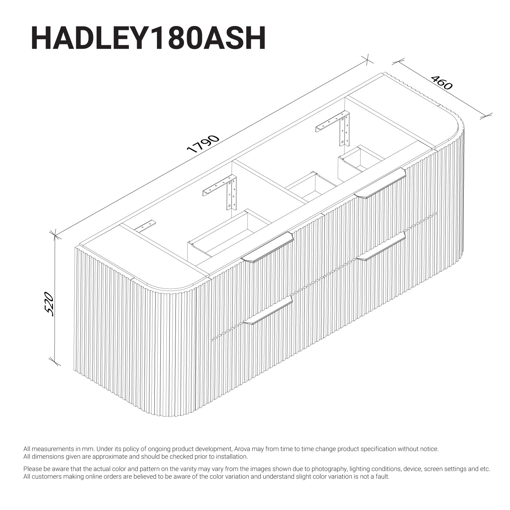 Hadley 1800mm Curved Fluted Wall Hung Vanity Timber Veneer Vanities Arova 