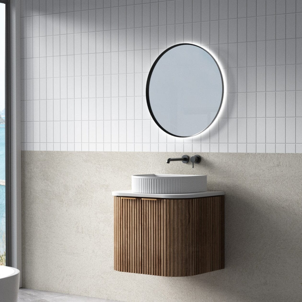 Hadley 600mm Curved Fluted Wall Hung Vanity Timber Veneer + Luxe Stone Top Arova 