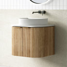 Hadley 600mm Curved Fluted Wall Hung Vanity Timber Veneer + Luxe Stone Top Arova 