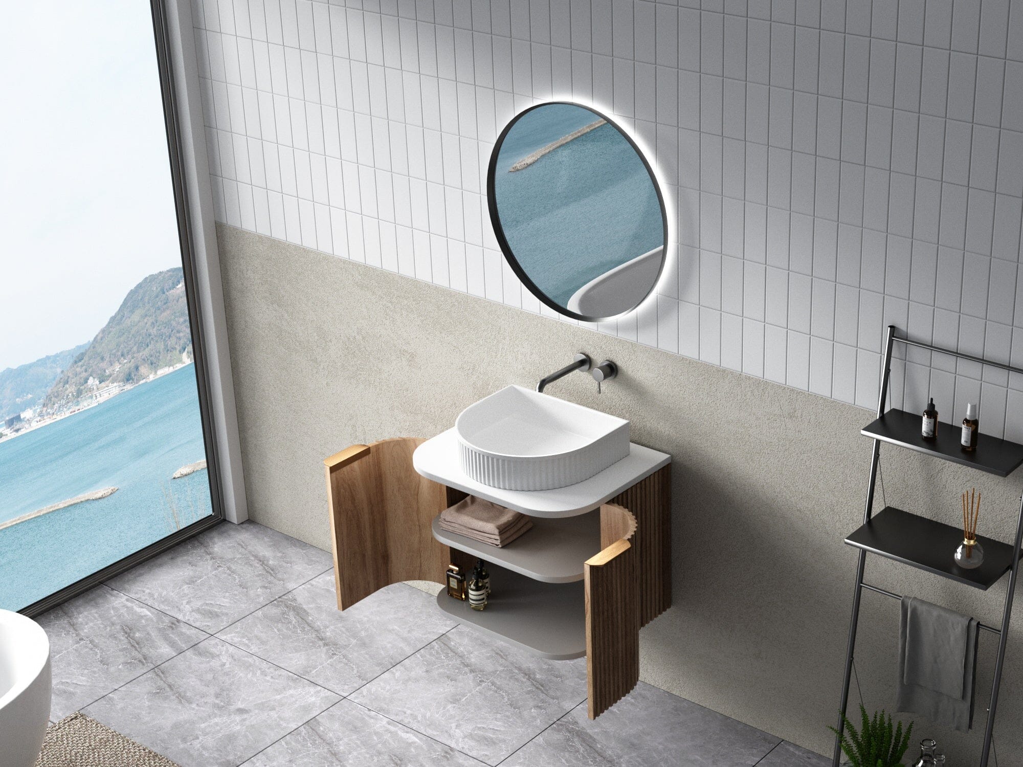 Hadley 600mm Curved Fluted Wall Hung Vanity Timber Veneer + Luxe Stone Top Arova 