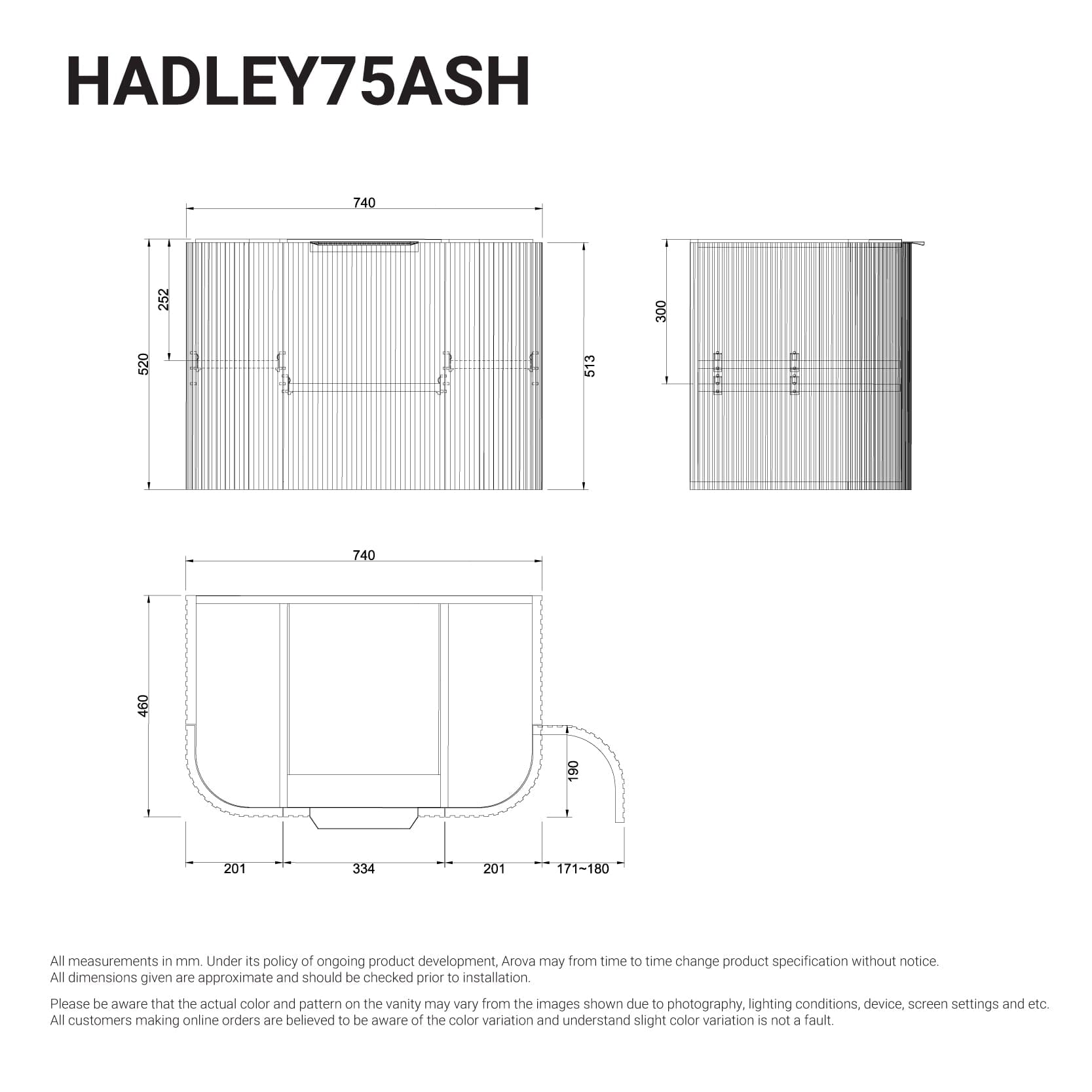 Hadley 750mm Curved Fluted Wall Hung Vanity Timber Veneer + Luxe Stone Top Arova 