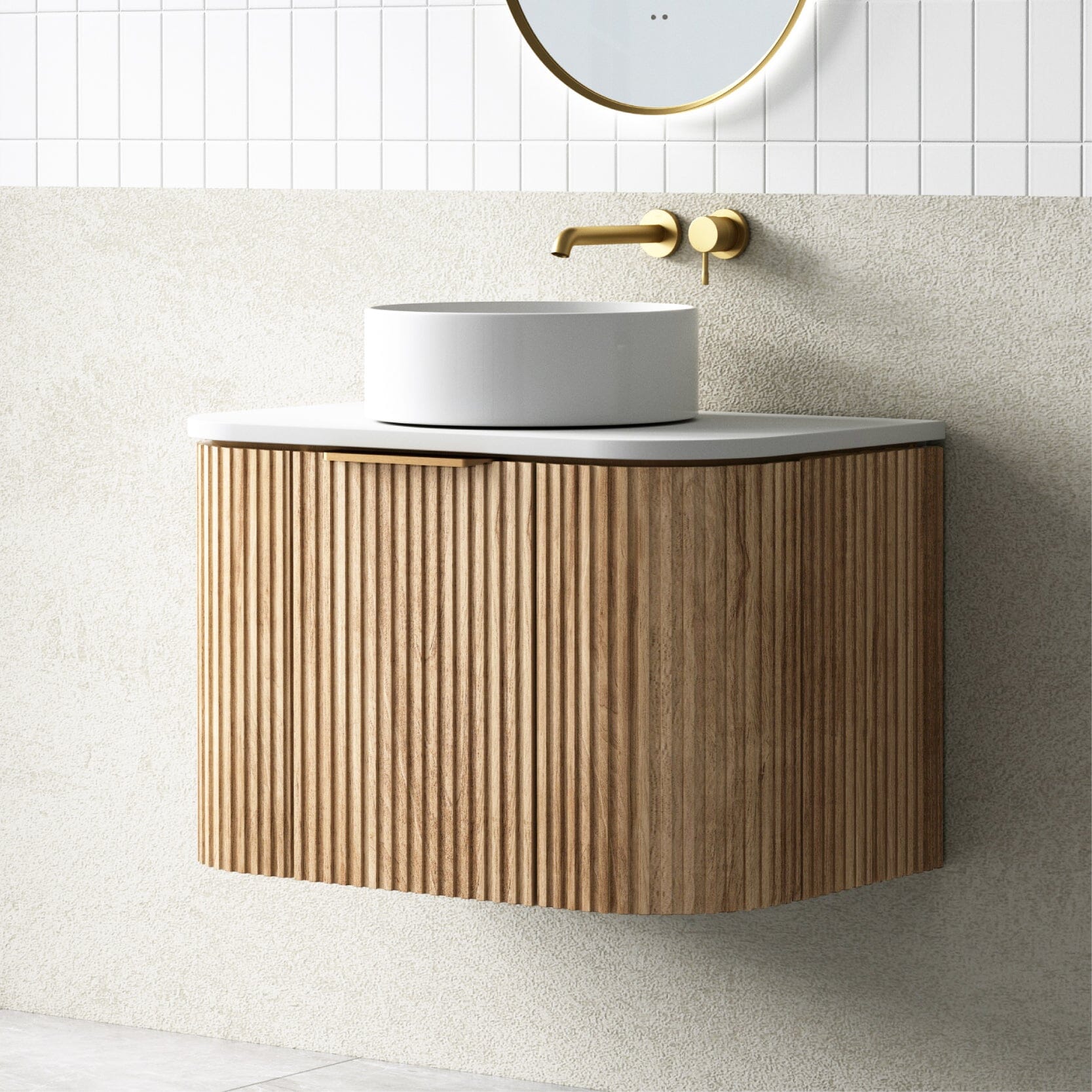 Hadley 750mm Curved Fluted Wall Hung Vanity Timber Veneer + Luxe Stone Top Arova 