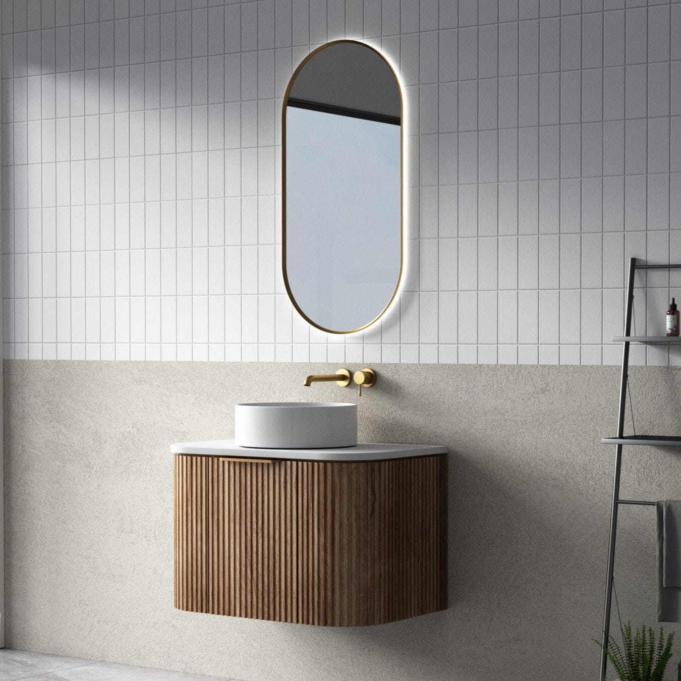 Hadley 750mm Curved Fluted Wall Hung Vanity Timber Veneer + Luxe Stone Top Arova 